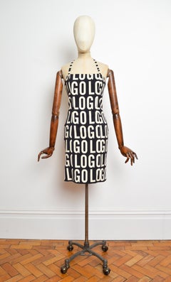 2000's Moschino Logo Pattern Spell out Black Halter Neck Cocktail Dress US 6