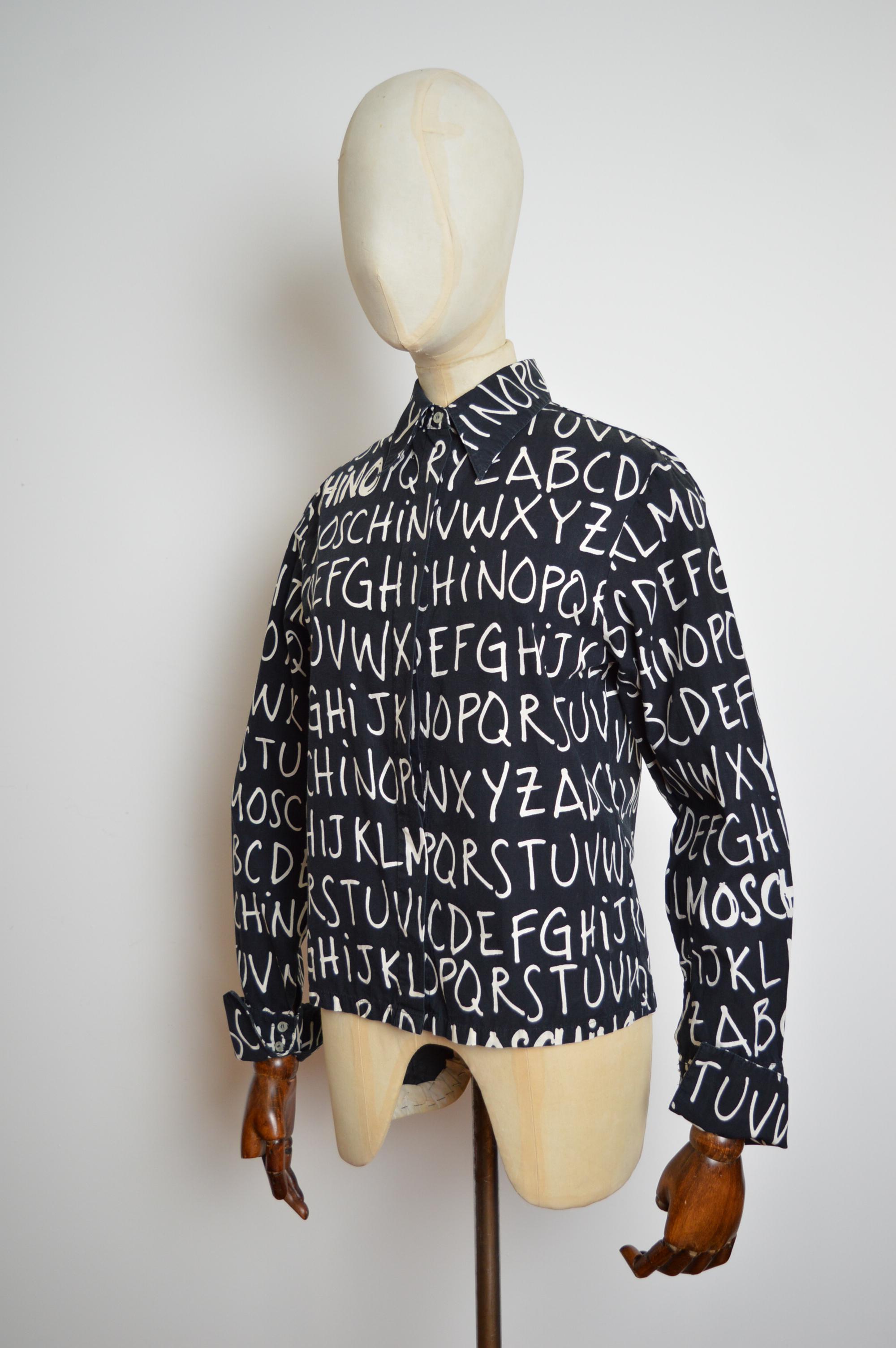 2000's MOSCHINO off key Alphabet print Black Cotton long sleeve pattern Shirt en vente 9