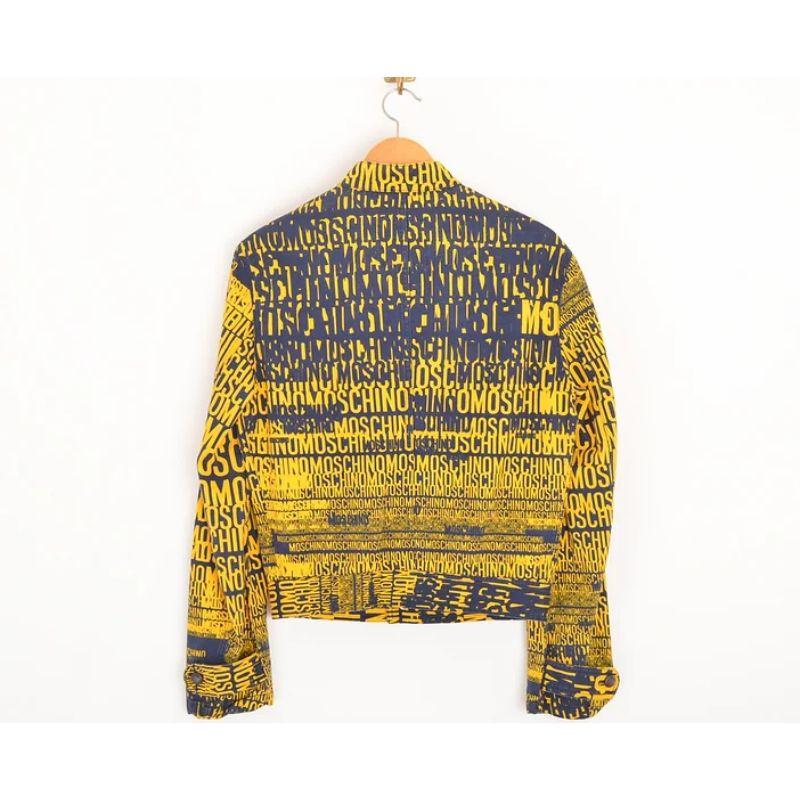 Brown 2000's Moschino 'Off Key' Blue and Yellow Denim Biker Jacket For Sale