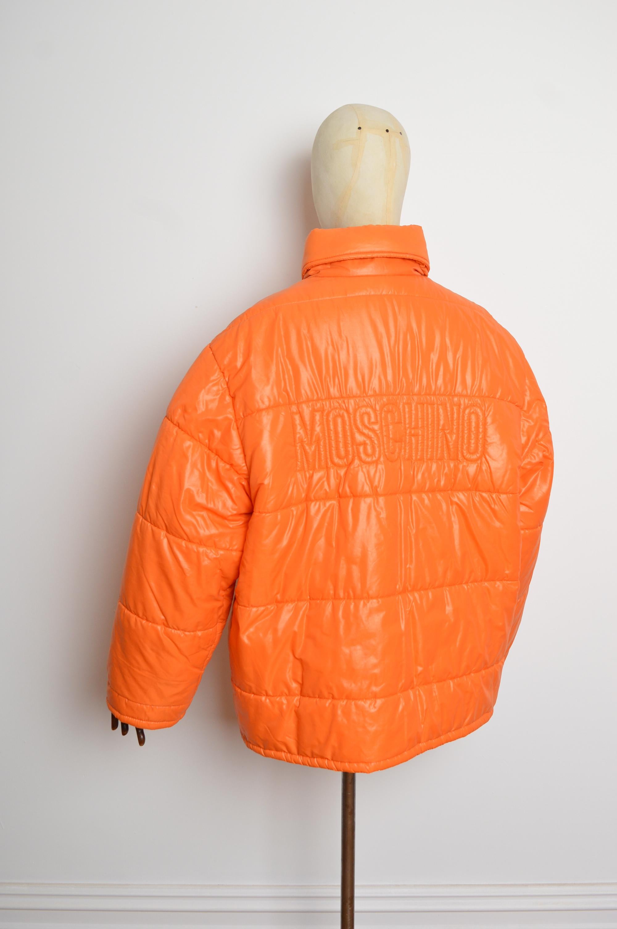 2000's MOSCHINO Orange Oversized Colourful Unisex Logo Puffa Jacket Coat en vente 6