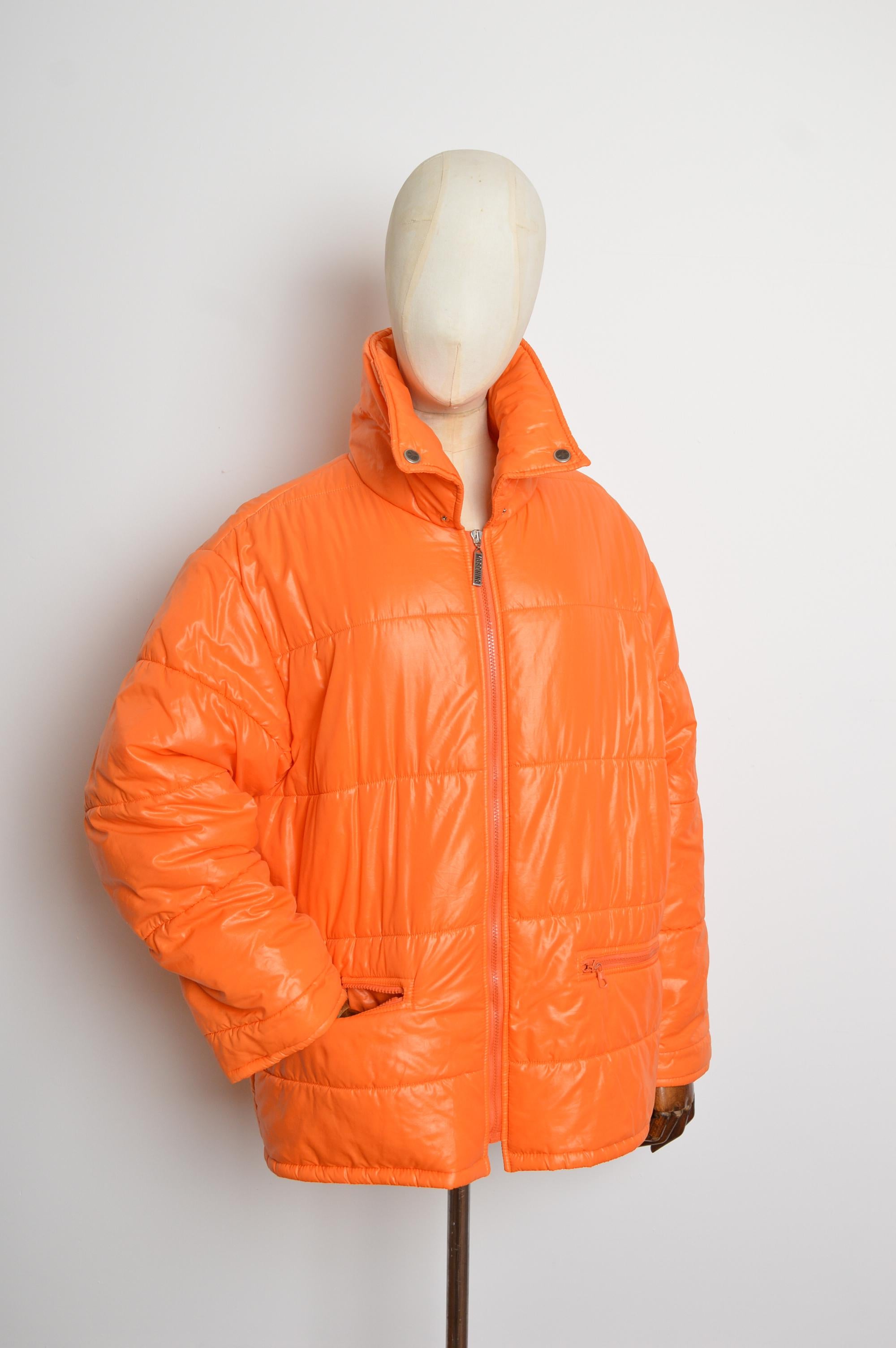 2000's MOSCHINO Orange Oversized Colourful Unisex Logo Puffa Jacket Coat en vente 4