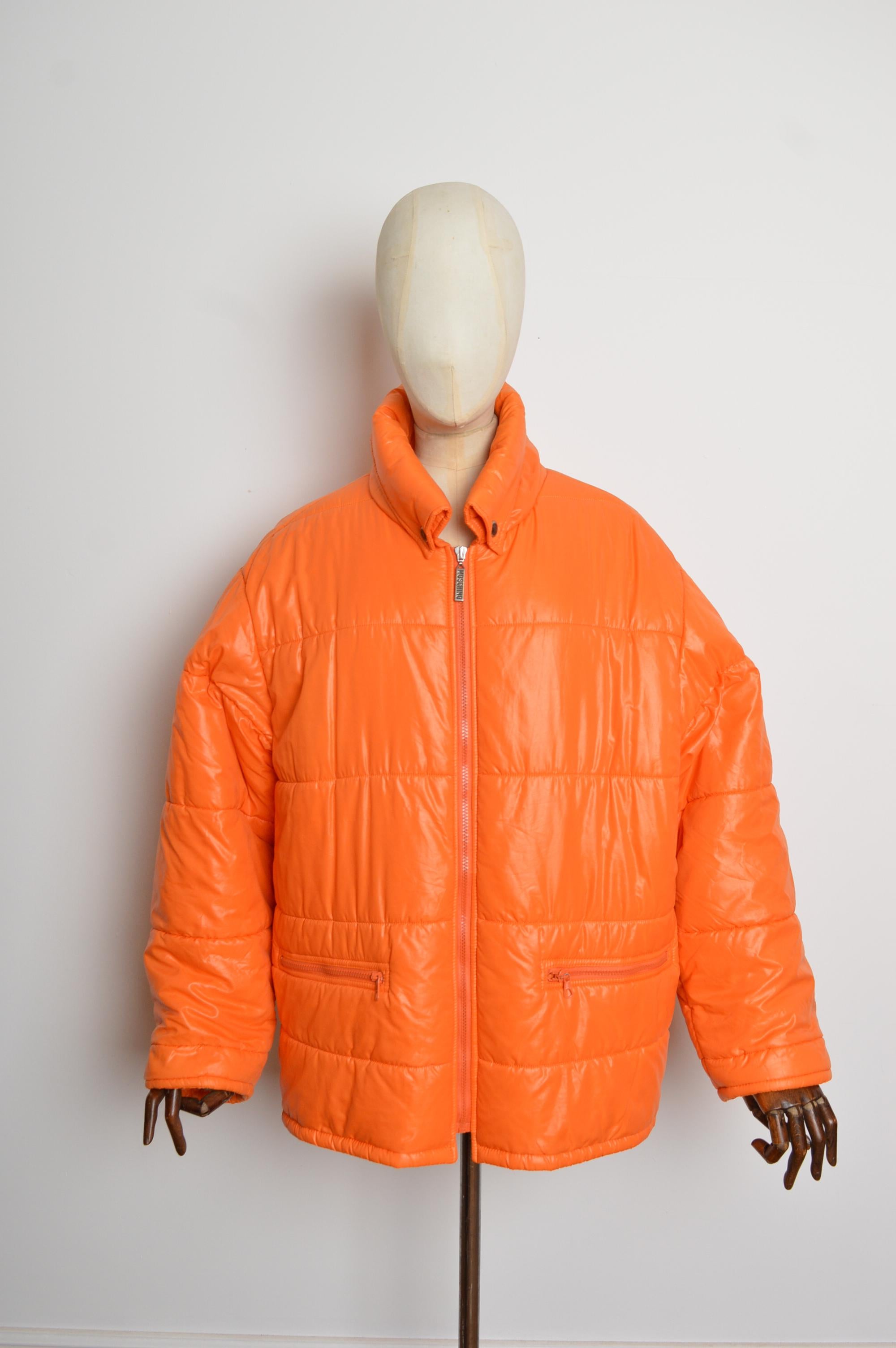 2000's MOSCHINO Orange Oversized Colourful Unisex Logo Puffa Jacket Coat en vente 5