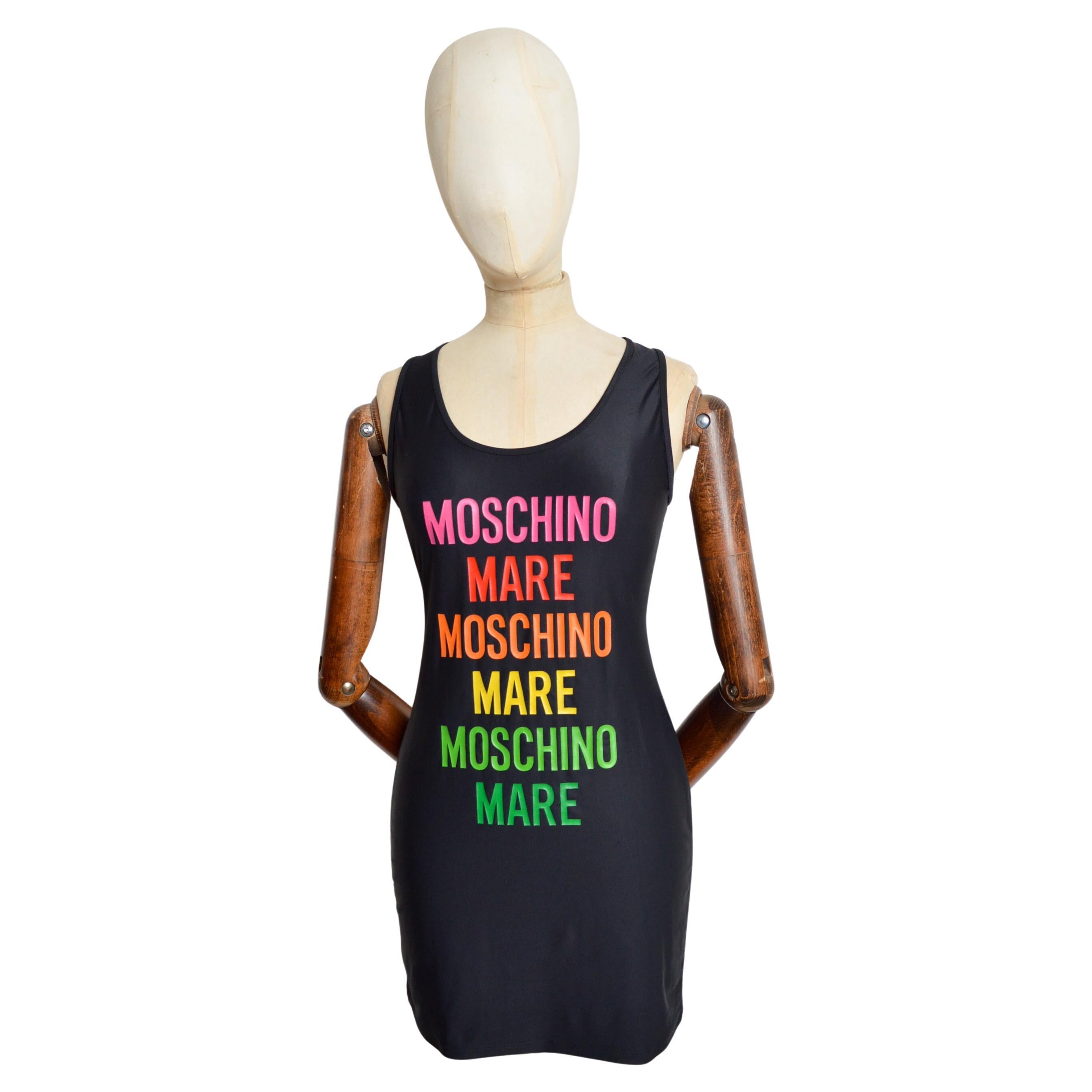 2000’s Moschino Rainbow Slogan Print Black Short Mini Dress im Angebot