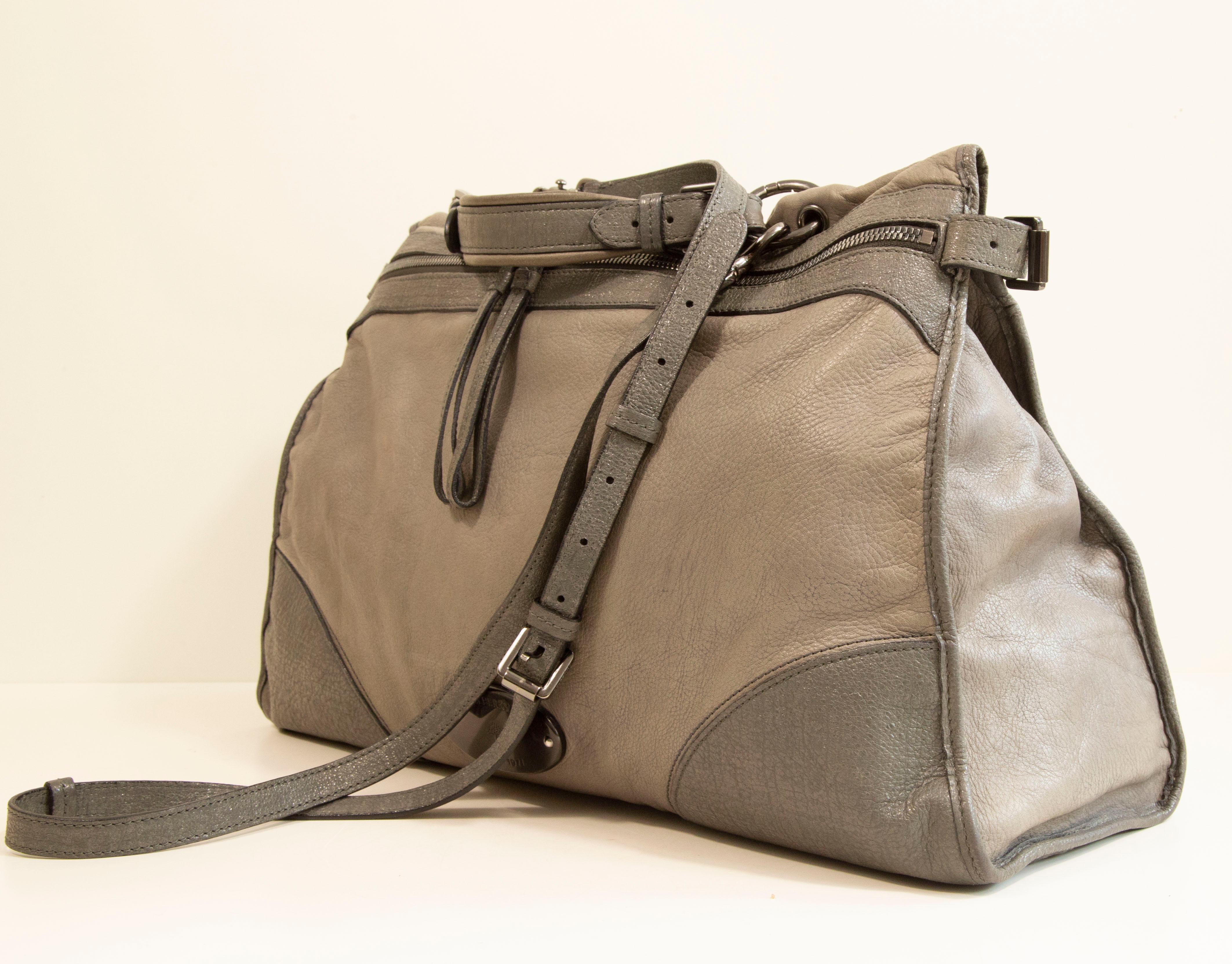 Brown 2000s Mulberry Gray Leather Large 2-Way Bag Shoulder Bag Top Handle Bag For Sale
