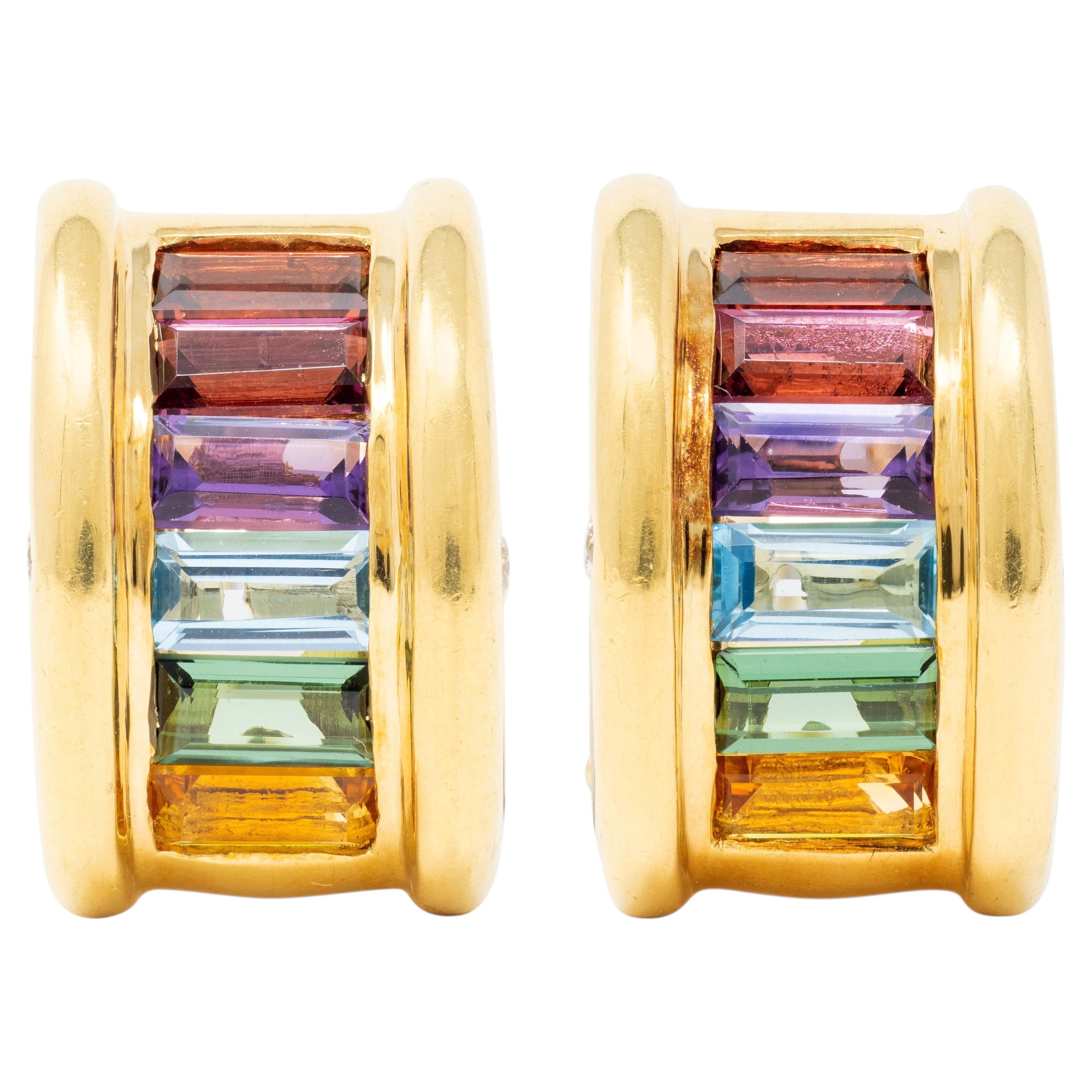 2000's Multi-Gem Diamond 18 Karat Yellow Gold Rainbow J-Hoop Earrings