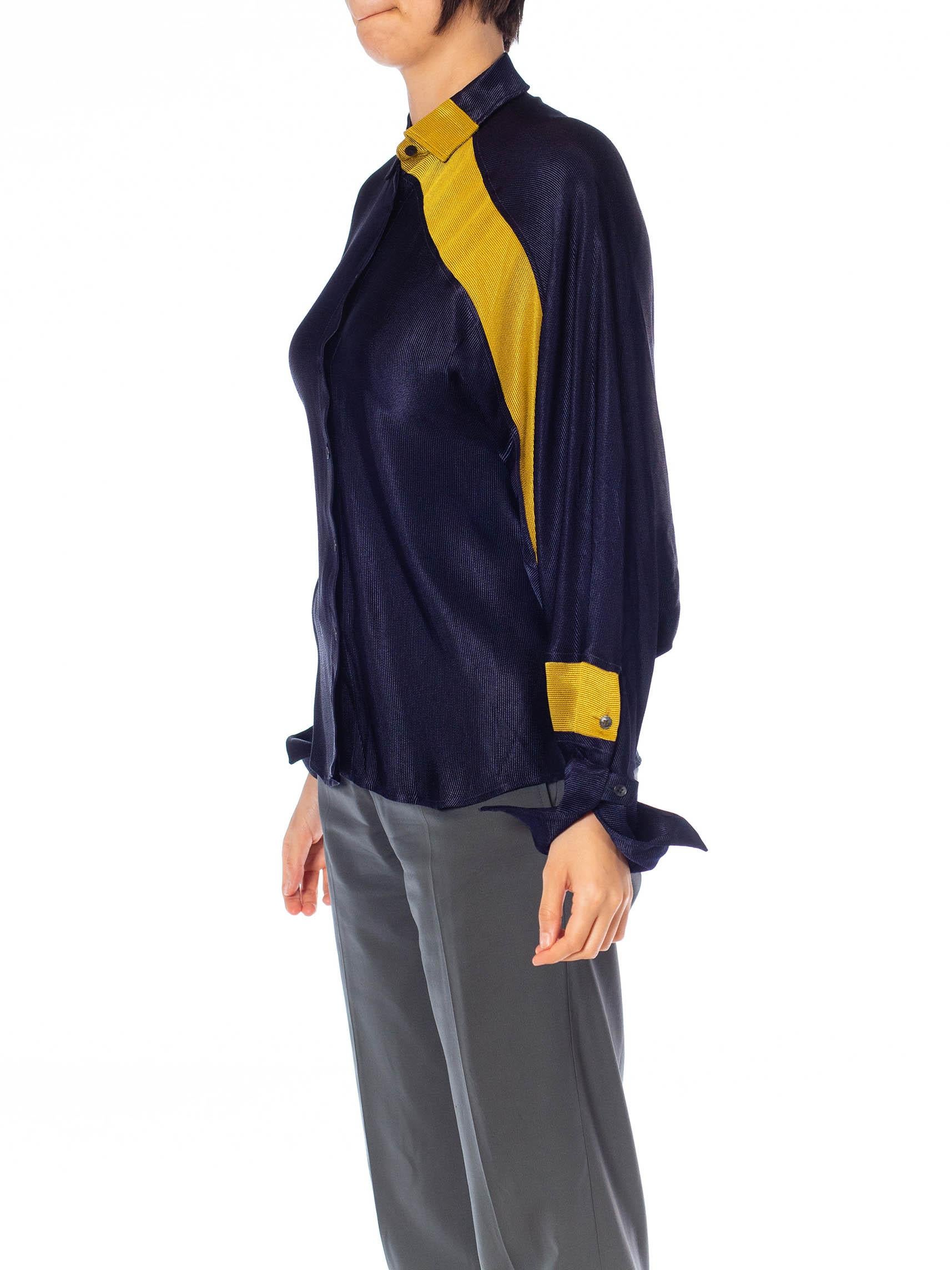 2000S Navy Blue & Citrine Silk Modernist Blouse In Excellent Condition For Sale In New York, NY