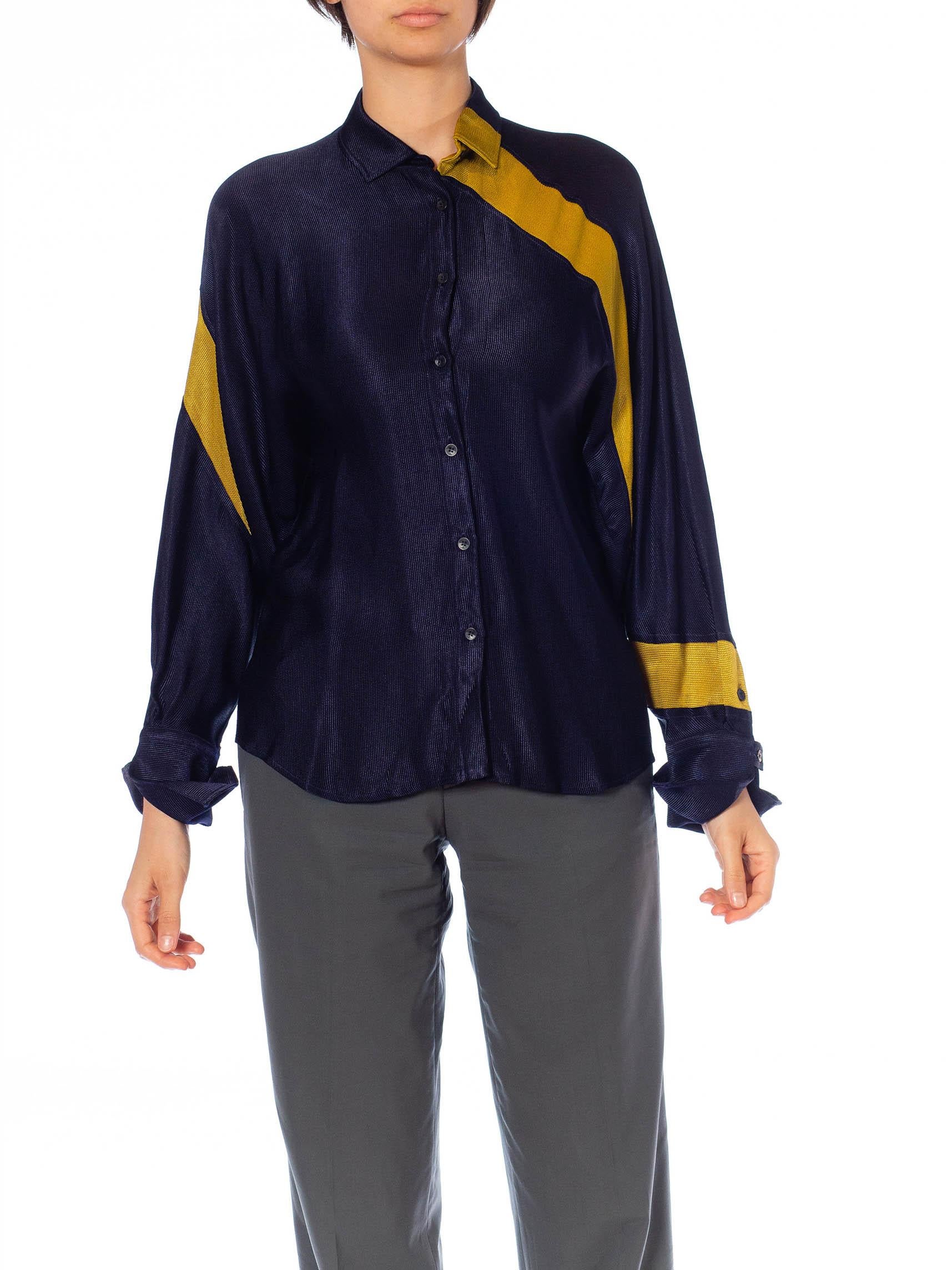 Women's 2000S Navy Blue & Citrine Silk Modernist Blouse For Sale