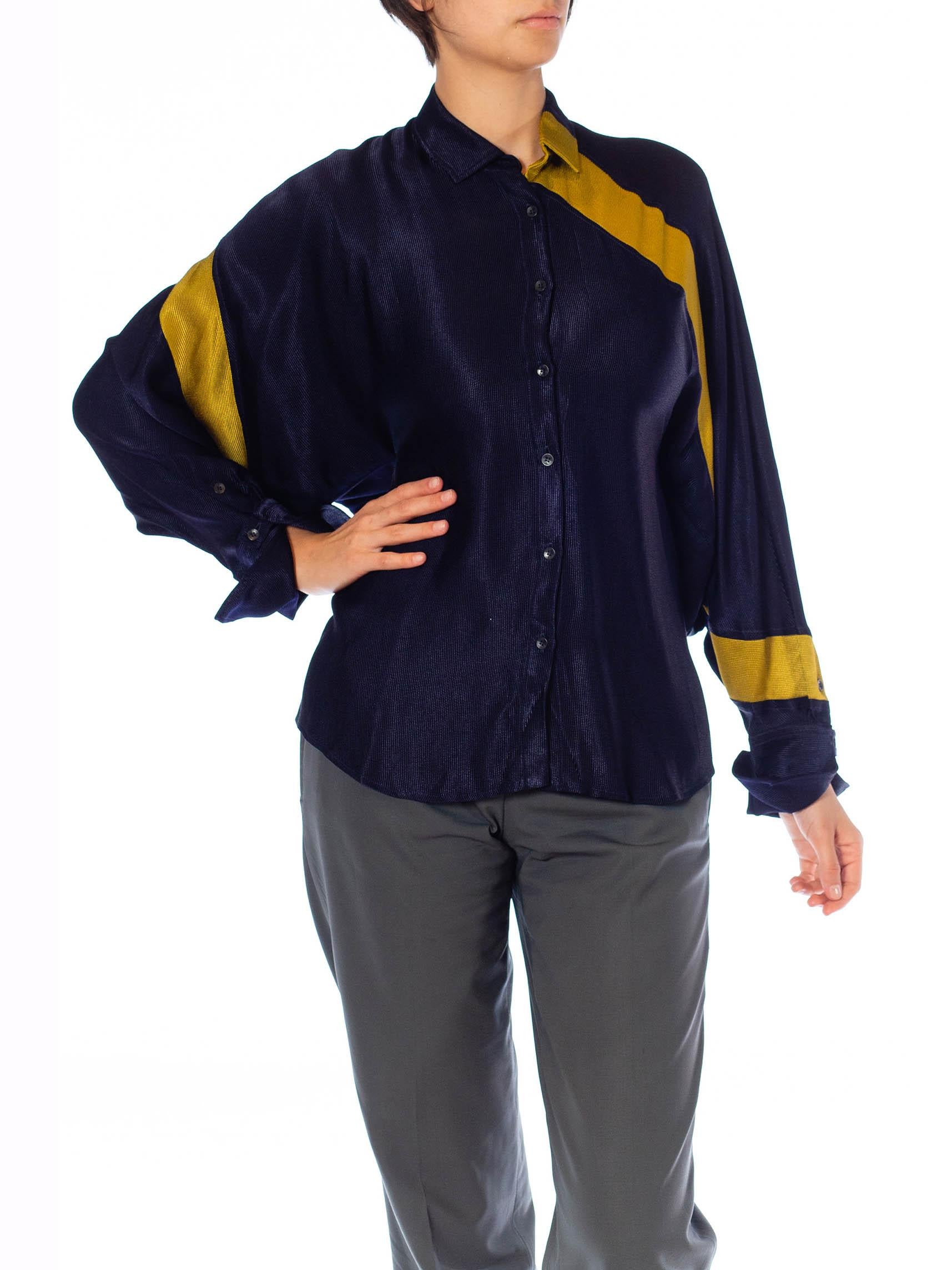 2000S Navy Blue & Citrine Silk Modernist Blouse For Sale 4