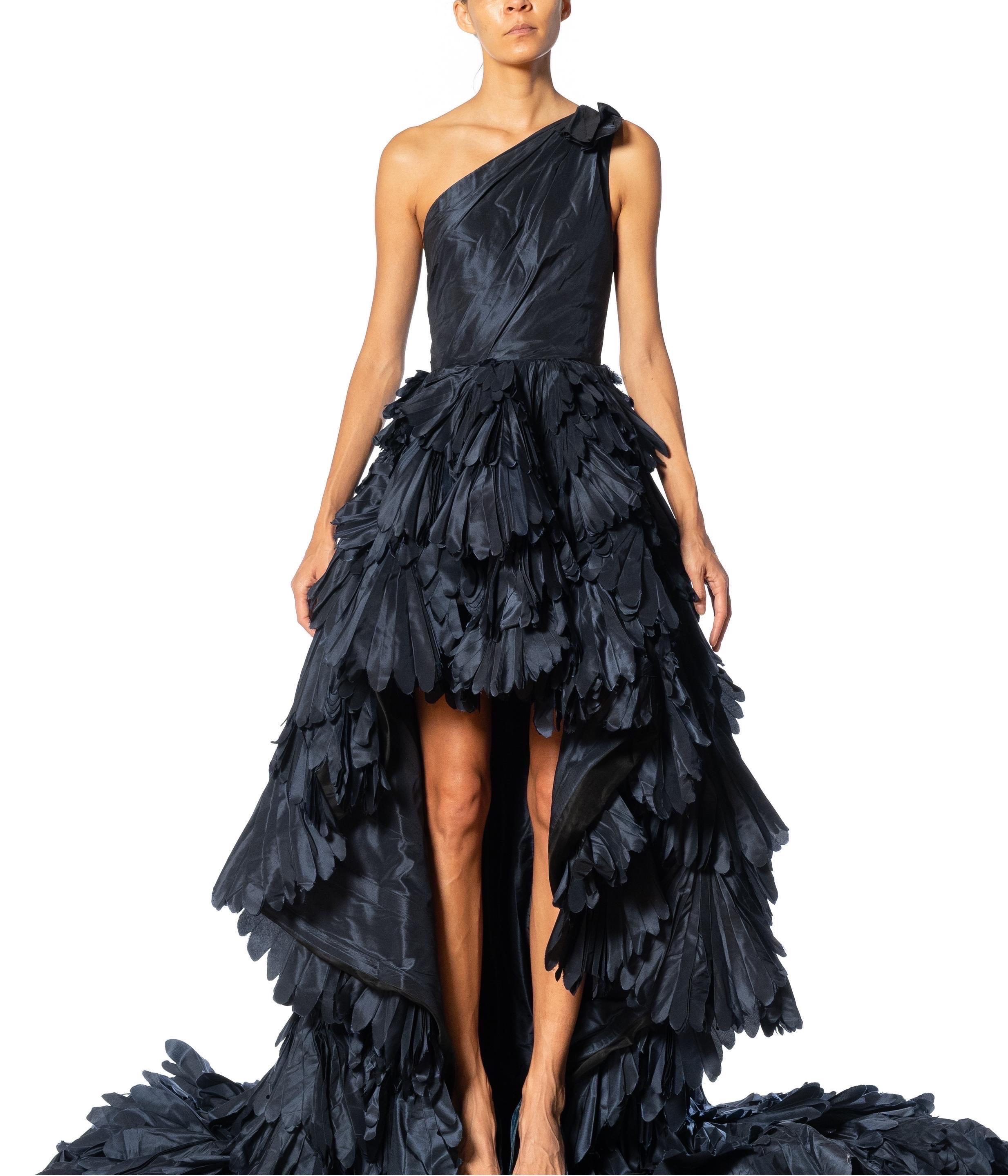 2000S Navy Blue Dramatic Silk Taffeta Trained Gown Covered In Pleated Ruffles For Sale 4