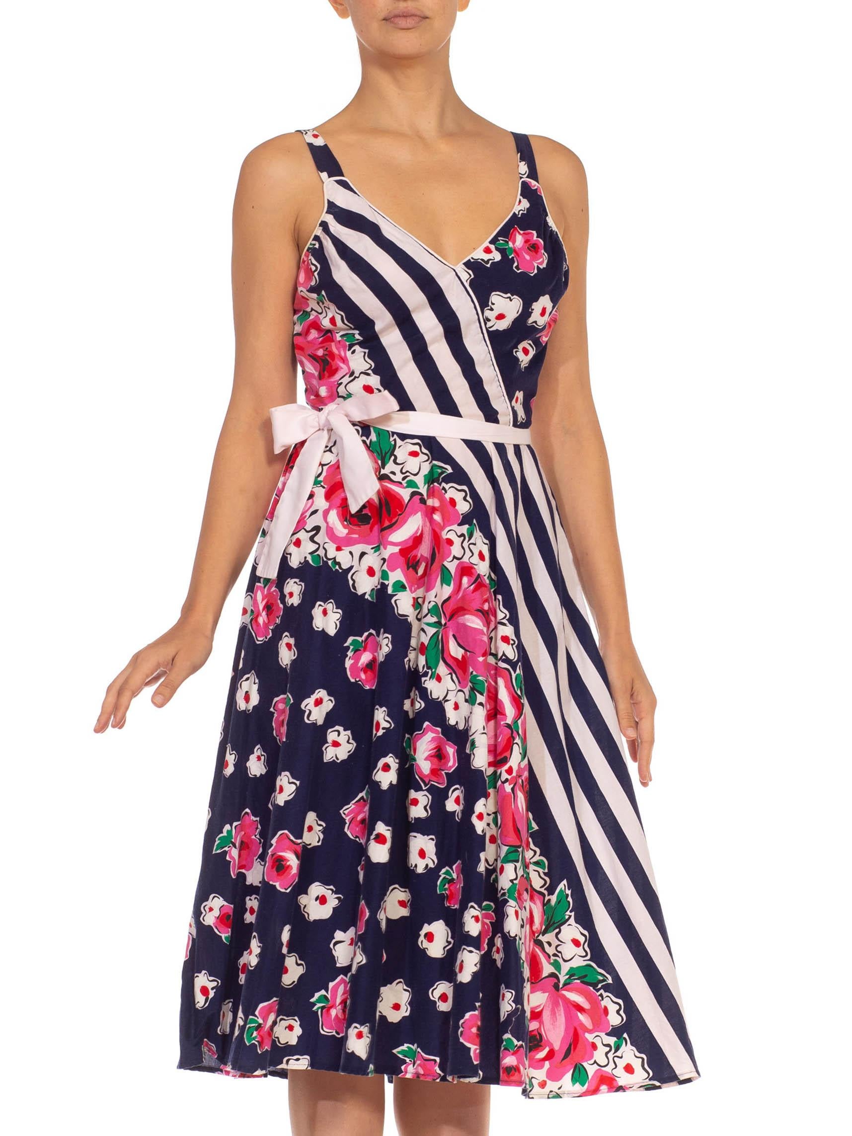 Beige 2000S Navy Blue White & Pink Cotton Stripe Floral Printed Dress Linen With Bra For Sale