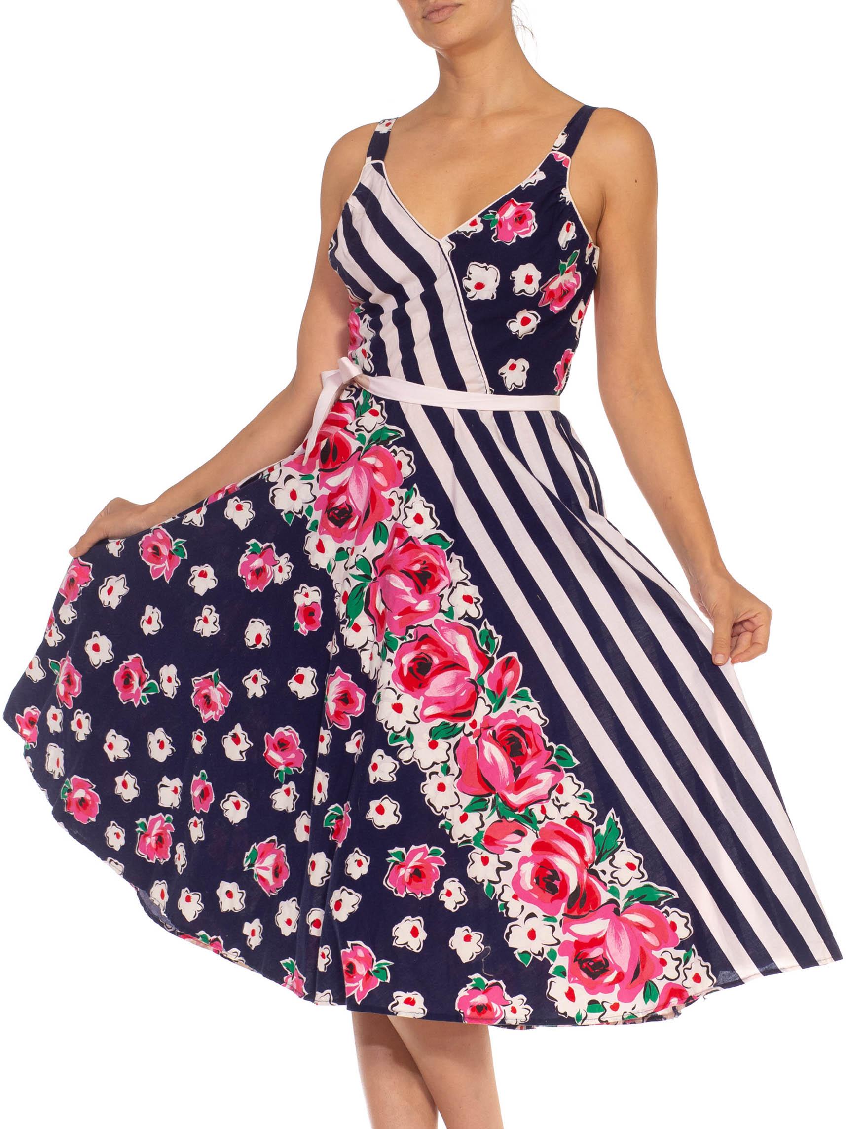 2000S Navy Blue White & Pink Cotton Stripe Floral Printed Dress Linen With Bra For Sale 1