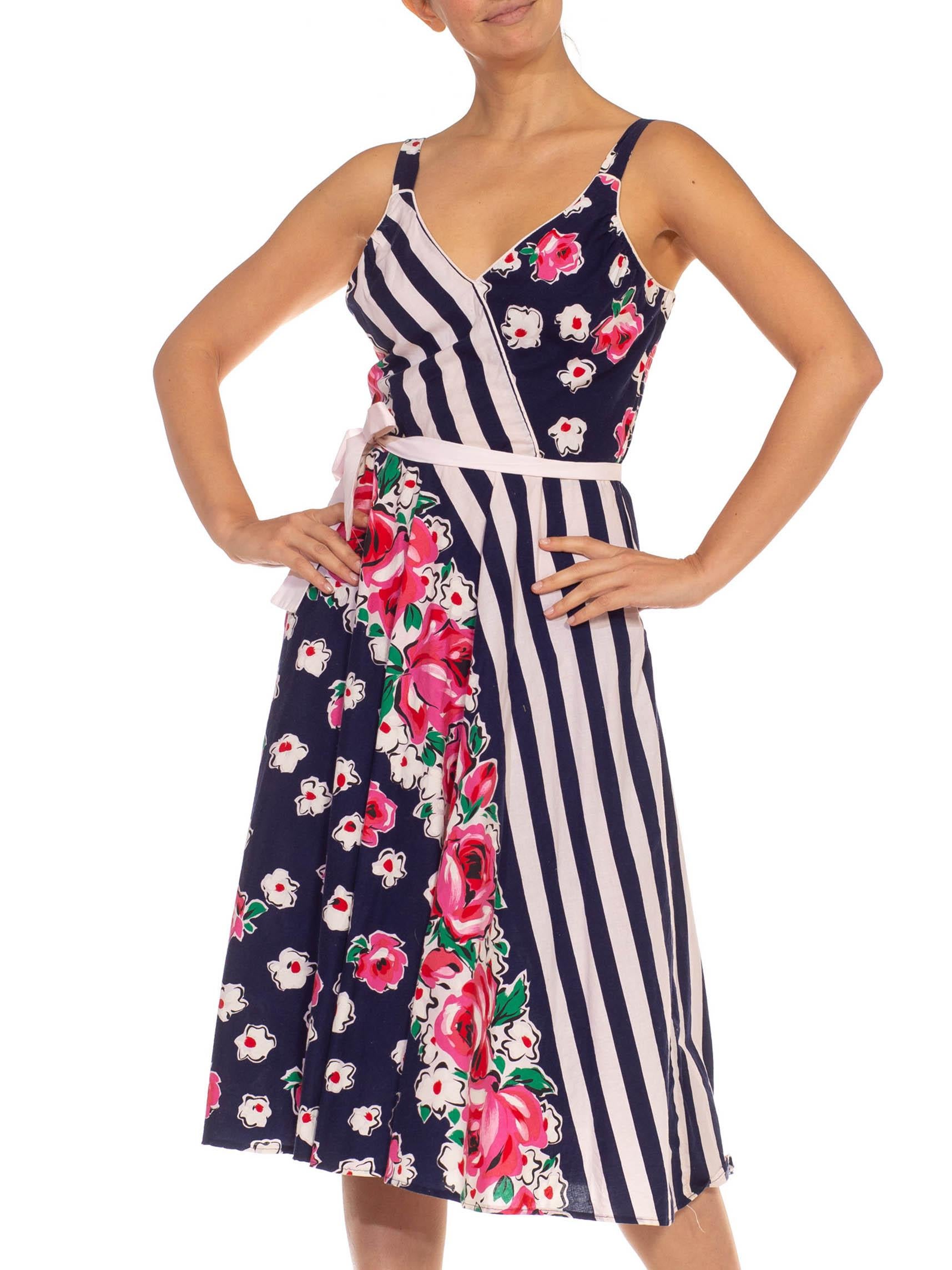 2000S Navy Blue White & Pink Cotton Stripe Floral Printed Dress Linen With Bra For Sale 2