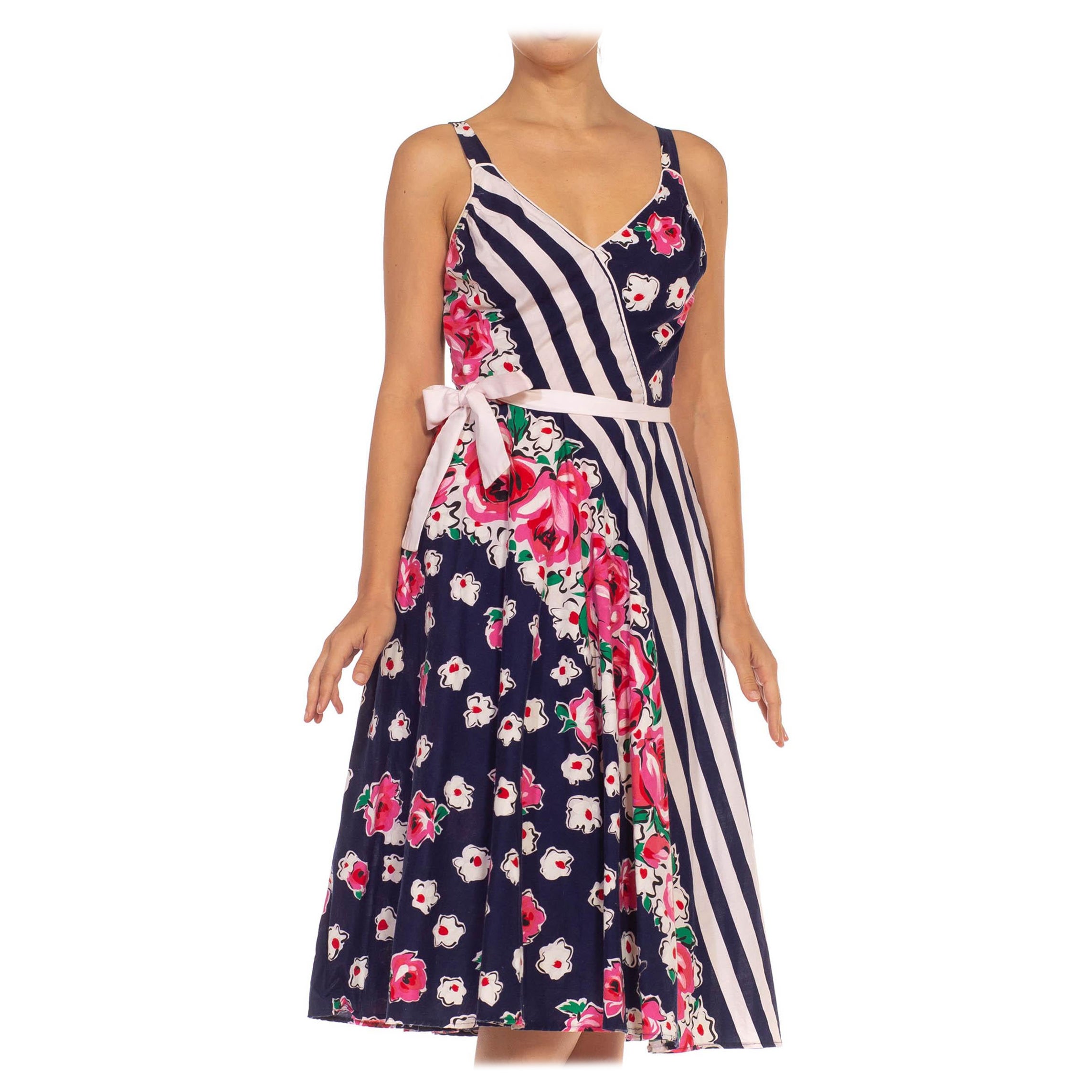 2000S Navy Blue White & Pink Cotton Stripe Floral Printed Dress Linen With Bra