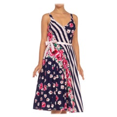 2000S Marineblau Weiß & Rosa Baumwolle Streifen Floral Gedruckt Kleid Leinen Mit BH
