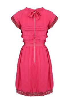2000's Nina Ricci Deep Pink Silk Pleated dress With Lace Trim