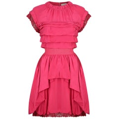 2000's Nina Ricci Deep Pink Silk Pleated dress With Lace Trim