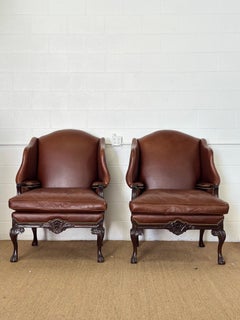 2000s Old Hickory Tannery Brown Leather Wingback Chairs Cabriole Legs - a Pair