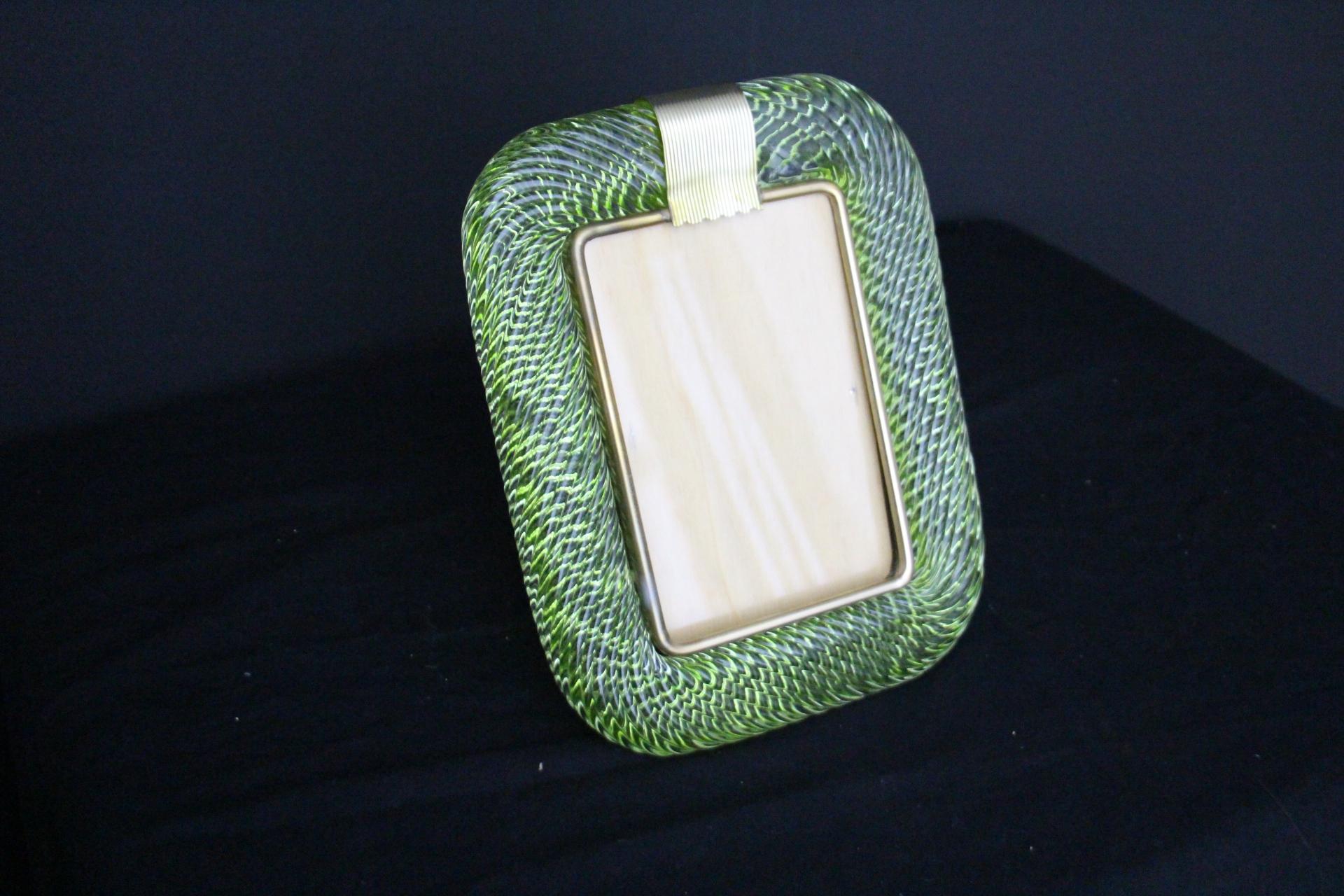 2000's Olive Green Twisted Murano Glass and Brass Photo Frame by Barovier e Toso 2