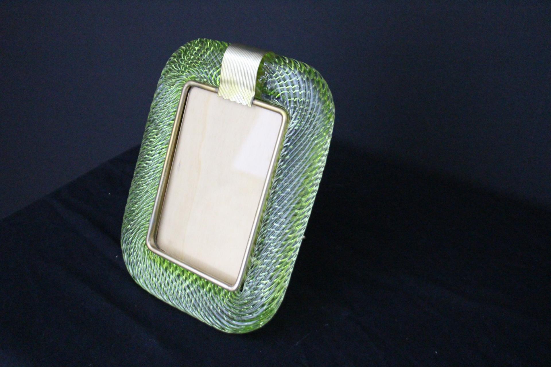 2000's Olive Green Twisted Murano Glass and Brass Photo Frame by Barovier e Toso 3