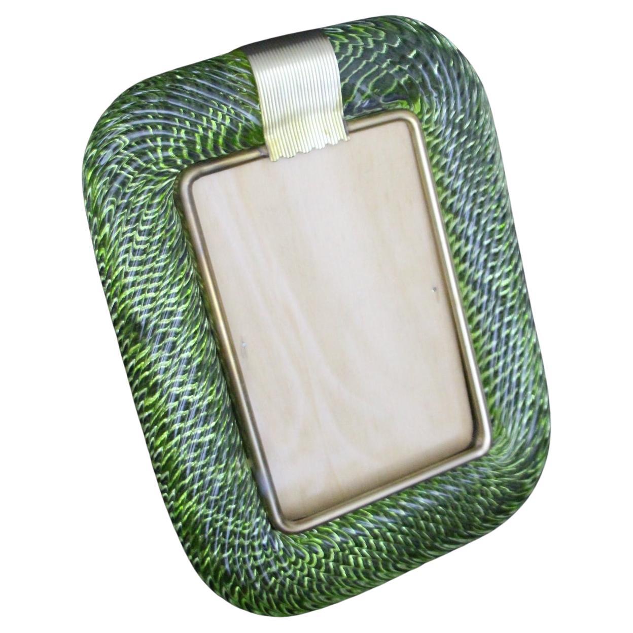 2000's Olive Green Twisted Murano Glass and Brass Photo Frame by Barovier e Toso