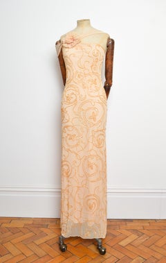2000’s One Shoulder Cream nude Beaded Corsage Mesh Evening Maxi Dress - Gown