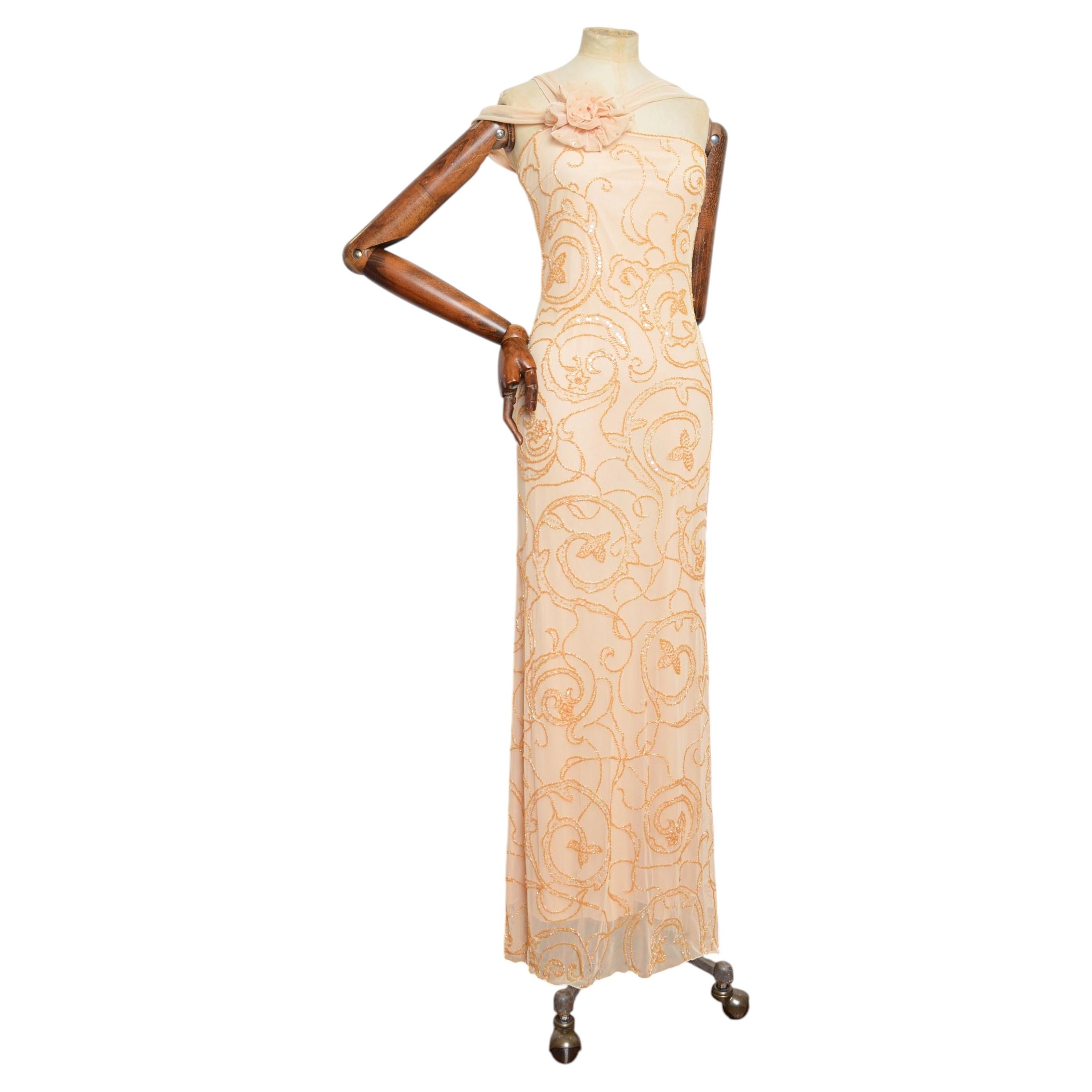 Robe de soirée longue en maille, couleur crème nude, à une seule bretelle et ornée de perles – Robe de soirée des années 2000