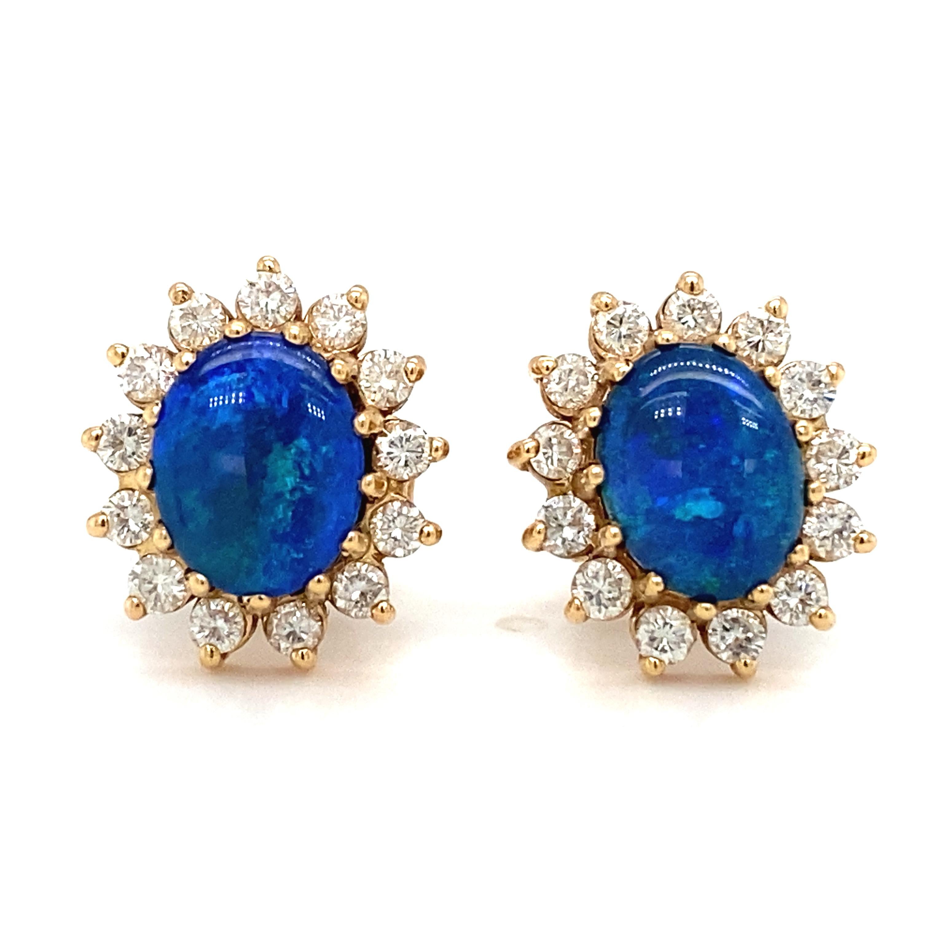 2000s Opal Doublet Stud Earrings with Diamonds in 14 Karat Yellow Gold In Excellent Condition For Sale In Atlanta, GA