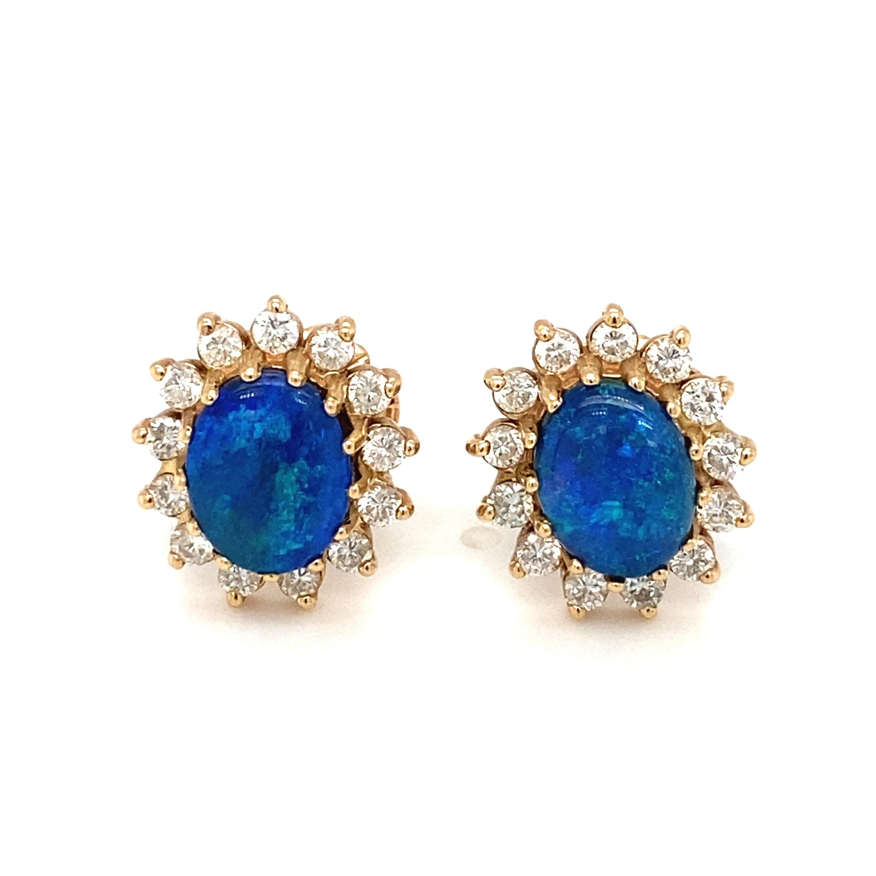 Women's or Men's 2000s Opal Doublet Stud Earrings with Diamonds in 14 Karat Yellow Gold For Sale