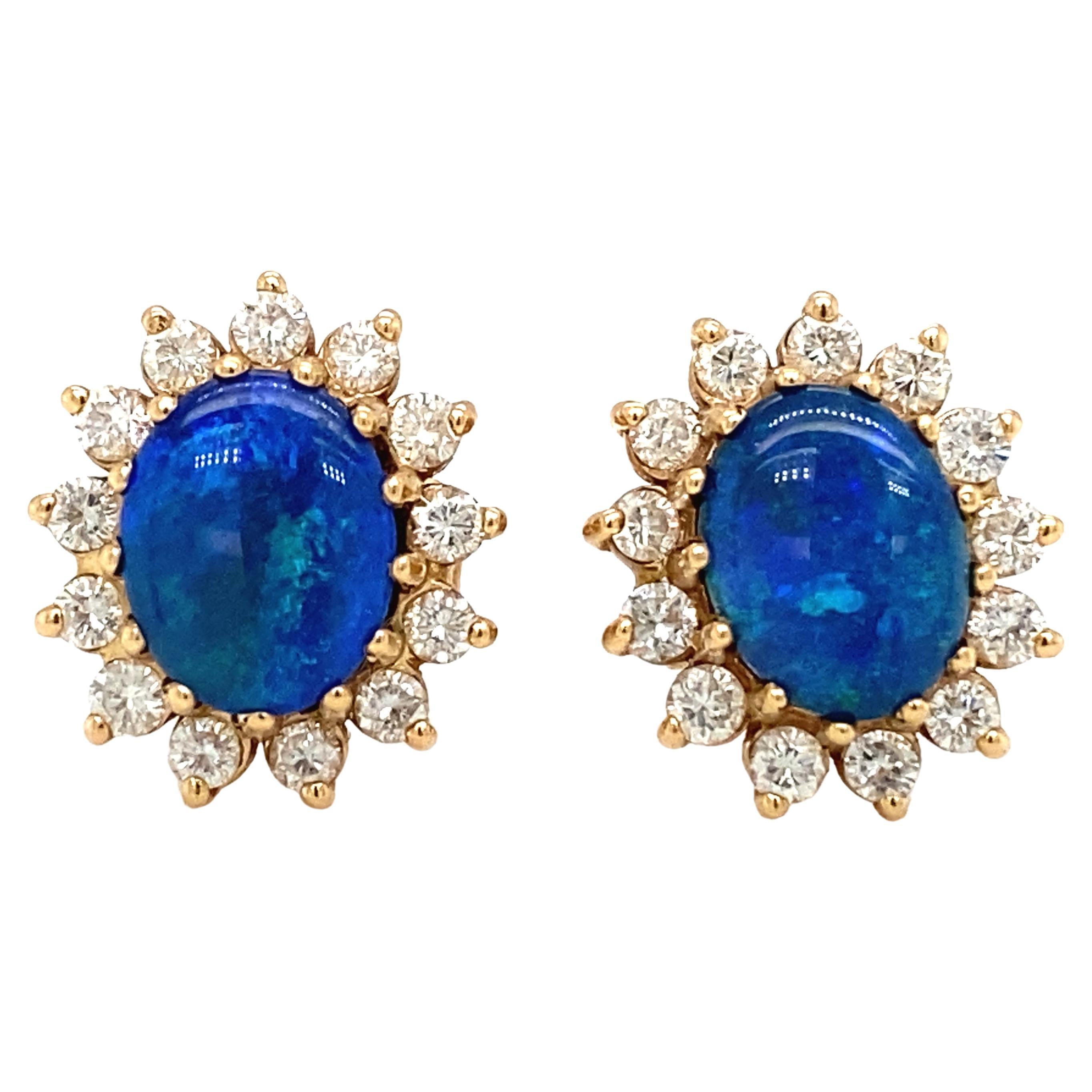 2000s Opal Doublet Stud Earrings with Diamonds in 14 Karat Yellow Gold For Sale