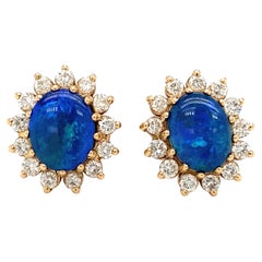 2000s Opal Doublet Stud Earrings with Diamonds in 14 Karat Yellow Gold