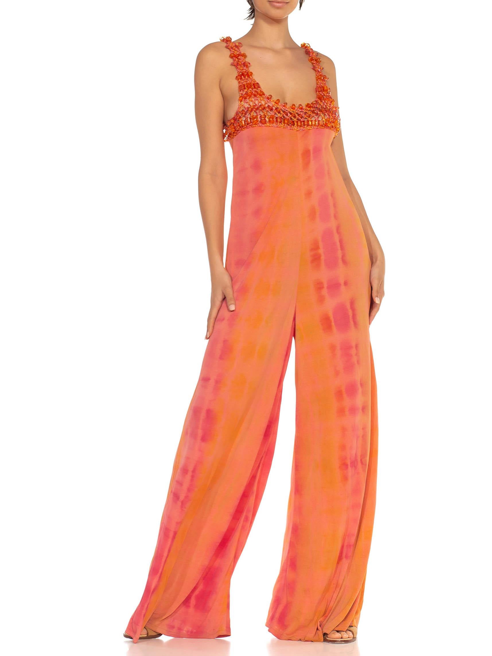 2000S Orange Peach Poly Blend Jersey Tie Dye Jumpsuit With Crochet Beaded Straps For Sale 4