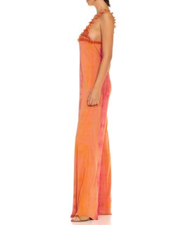 2000S Orange Peach Poly Blend Jersey Tie Dye Jumpsuit With Crochet Beaded Straps