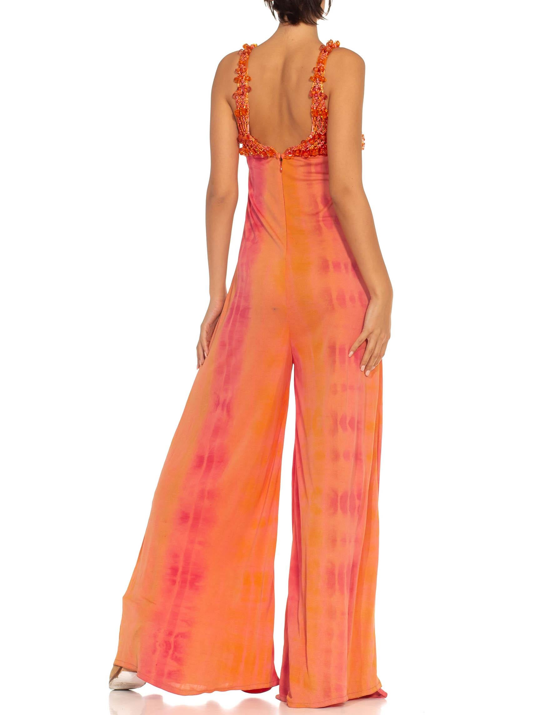 2000S Orange Peach Poly Blend Jersey Tie Dye Jumpsuit With Crochet Beaded Straps In Excellent Condition For Sale In New York, NY