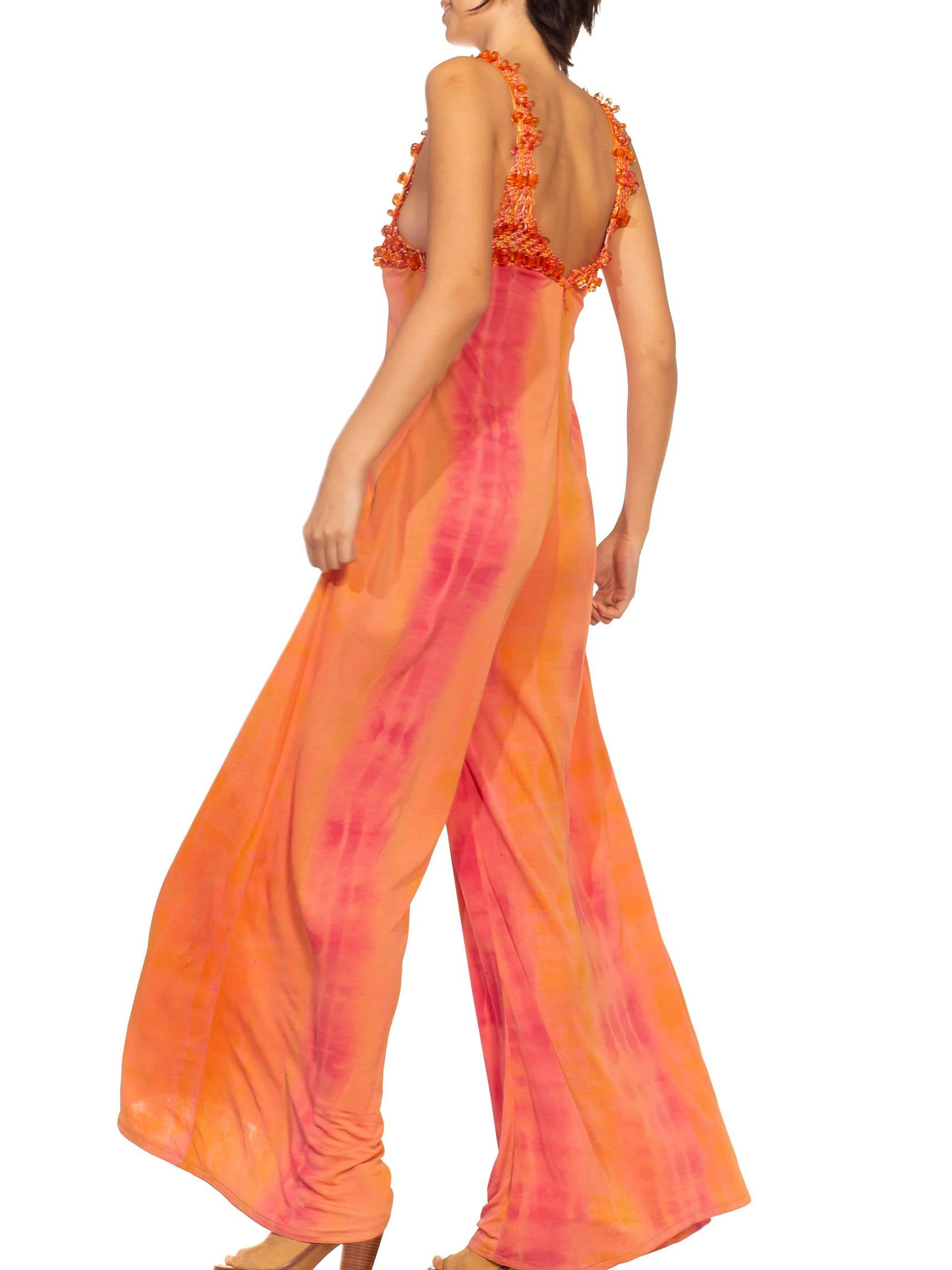 Women's 2000S Orange Peach Poly Blend Jersey Tie Dye Jumpsuit With Crochet Beaded Straps For Sale