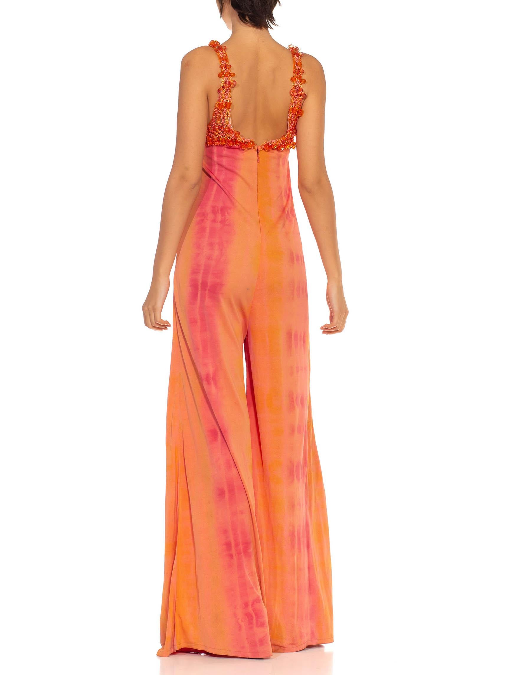2000S Orange Peach Poly Blend Jersey Tie Dye Jumpsuit With Crochet Beaded Straps For Sale 1