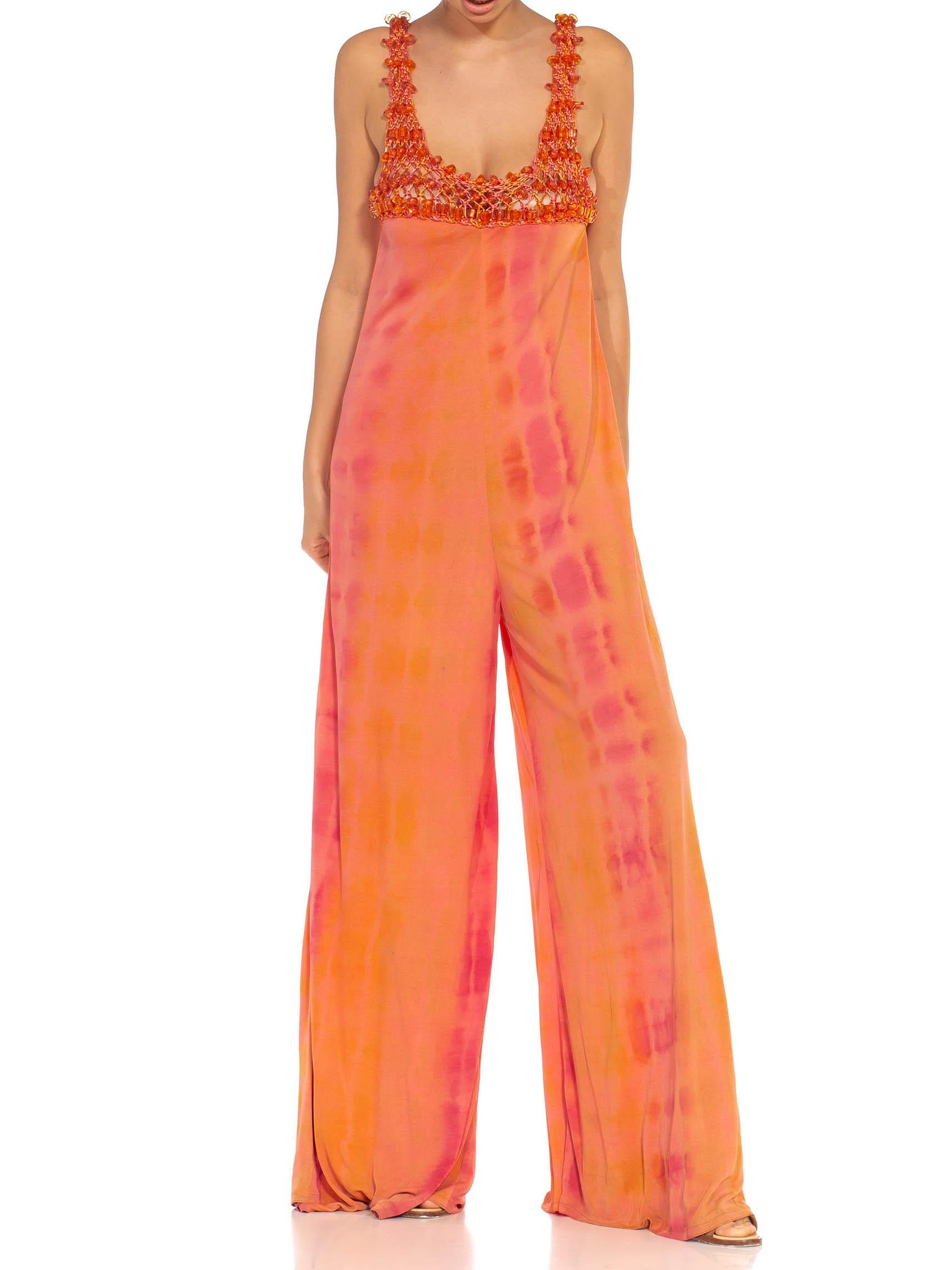 2000S Orange Peach Poly Blend Jersey Tie Dye Jumpsuit With Crochet Beaded Straps For Sale 2