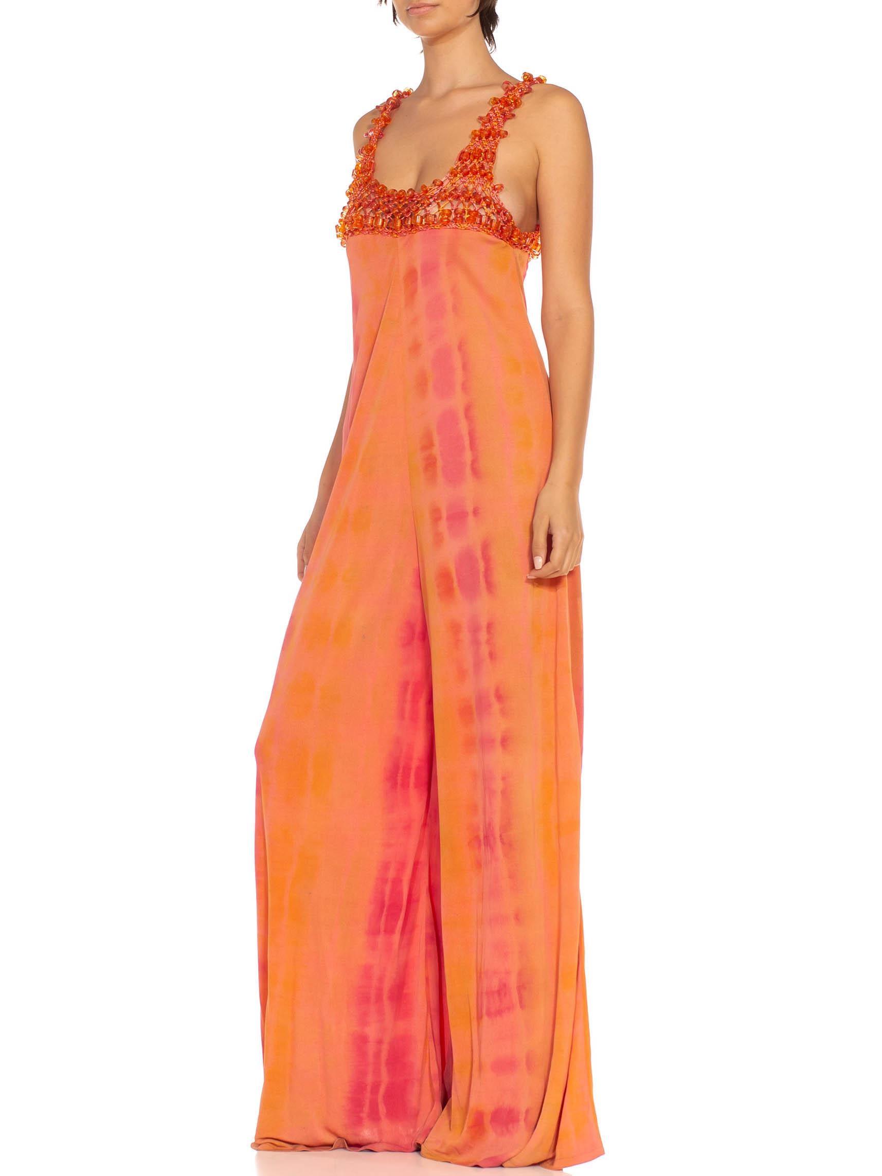 2000S Orange Peach Poly Blend Jersey Tie Dye Jumpsuit With Crochet Beaded Straps For Sale 3