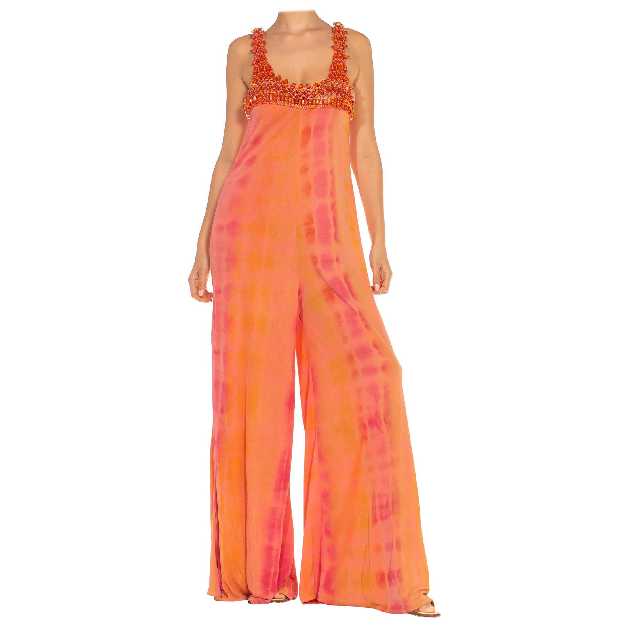 2000S Mono Naranja Melocotón Mezcla de Poliester Tie Dye Con Tirantes de Ganchillo con Cuentas