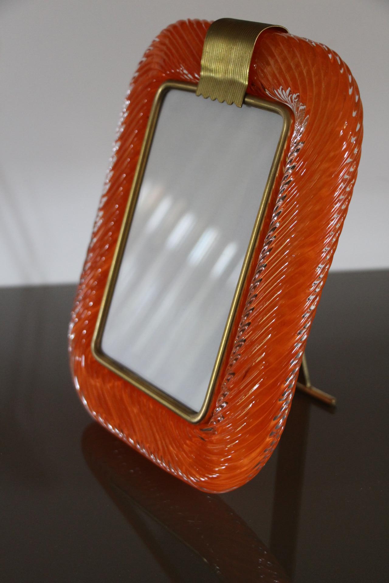 Portafoto arancione del 2000 in vetro di Murano ritorto e ottone di Barovier&Toso in vendita 5