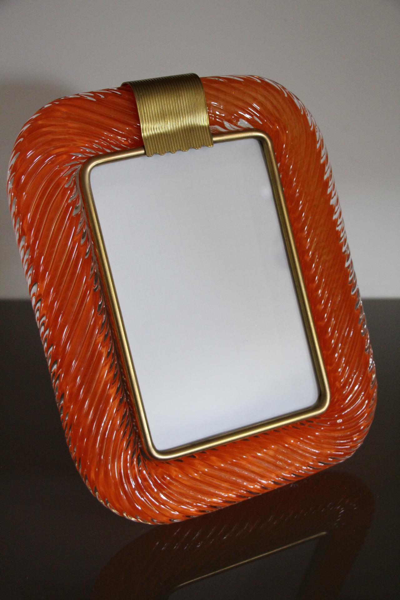 Contemporary 2000's Orange Twisted Murano Glass and Brass Photo Frame by Barovier e Toso