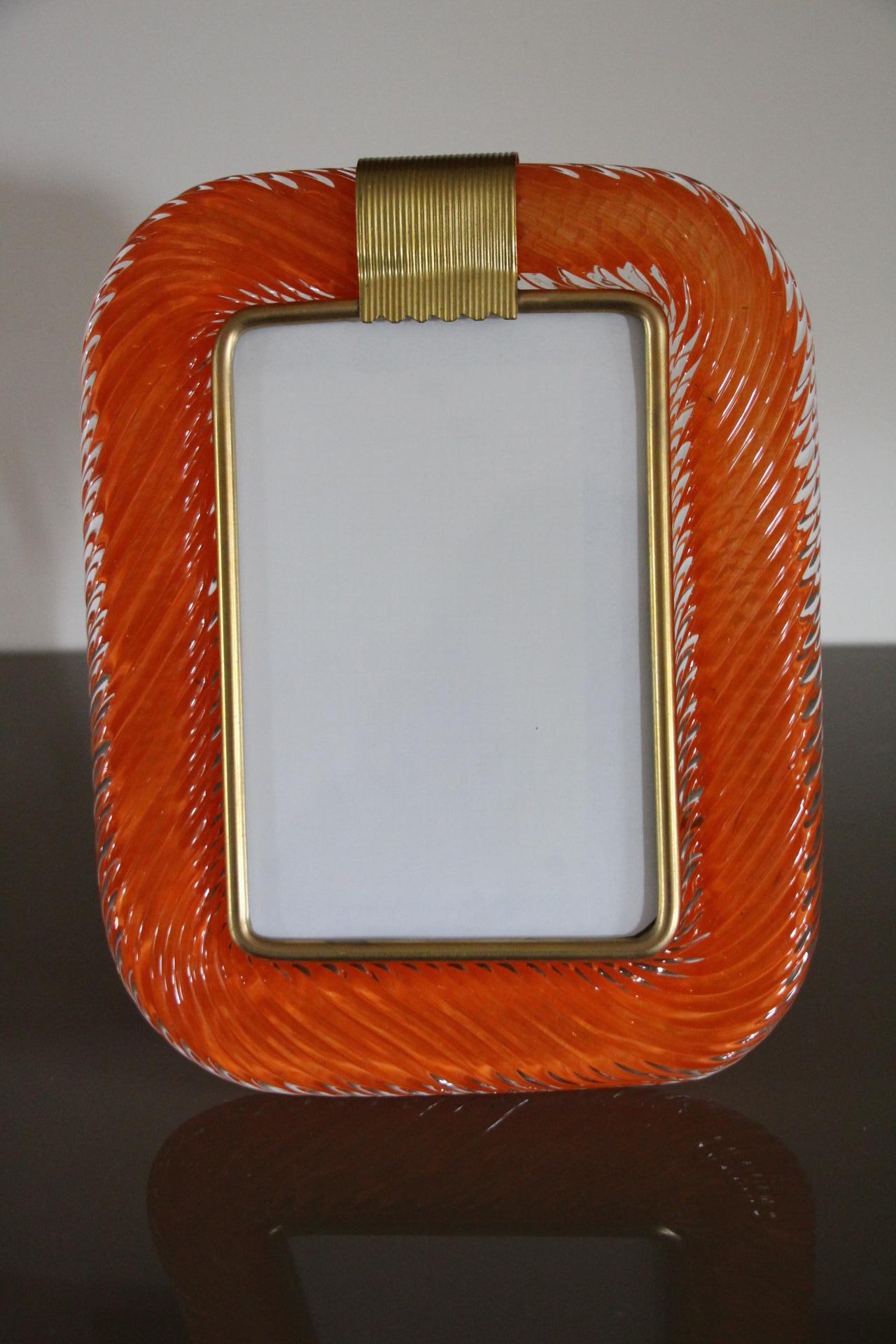 2000's Orange Twisted Murano Glass and Brass Photo Frame by Barovier e Toso 1