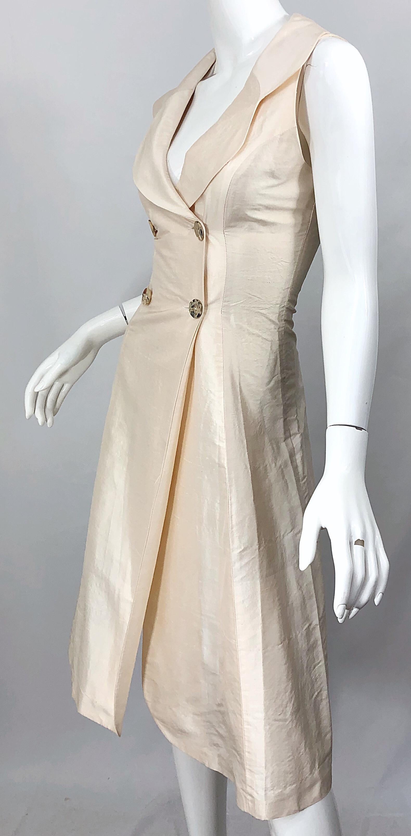 2000er Orna Farho Elfenbeinfarbenes Seiden-Shantung-Doppelreihiges Trägerkleid mit offenem Rücken im Angebot 7
