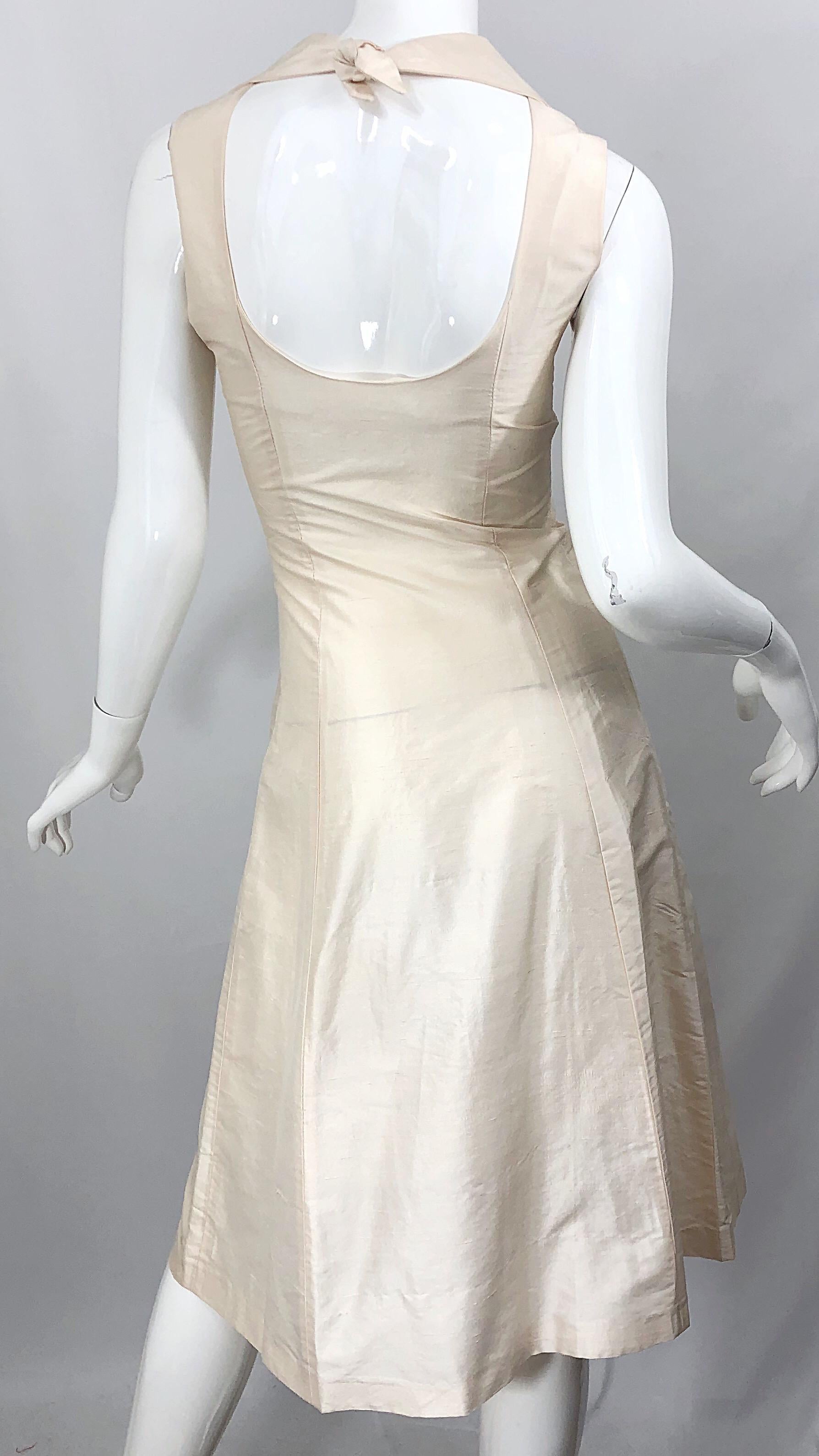 1990s Orna Farho Ivory Open Back Silk Shantung Double Breasted Halter Dress For Sale 6