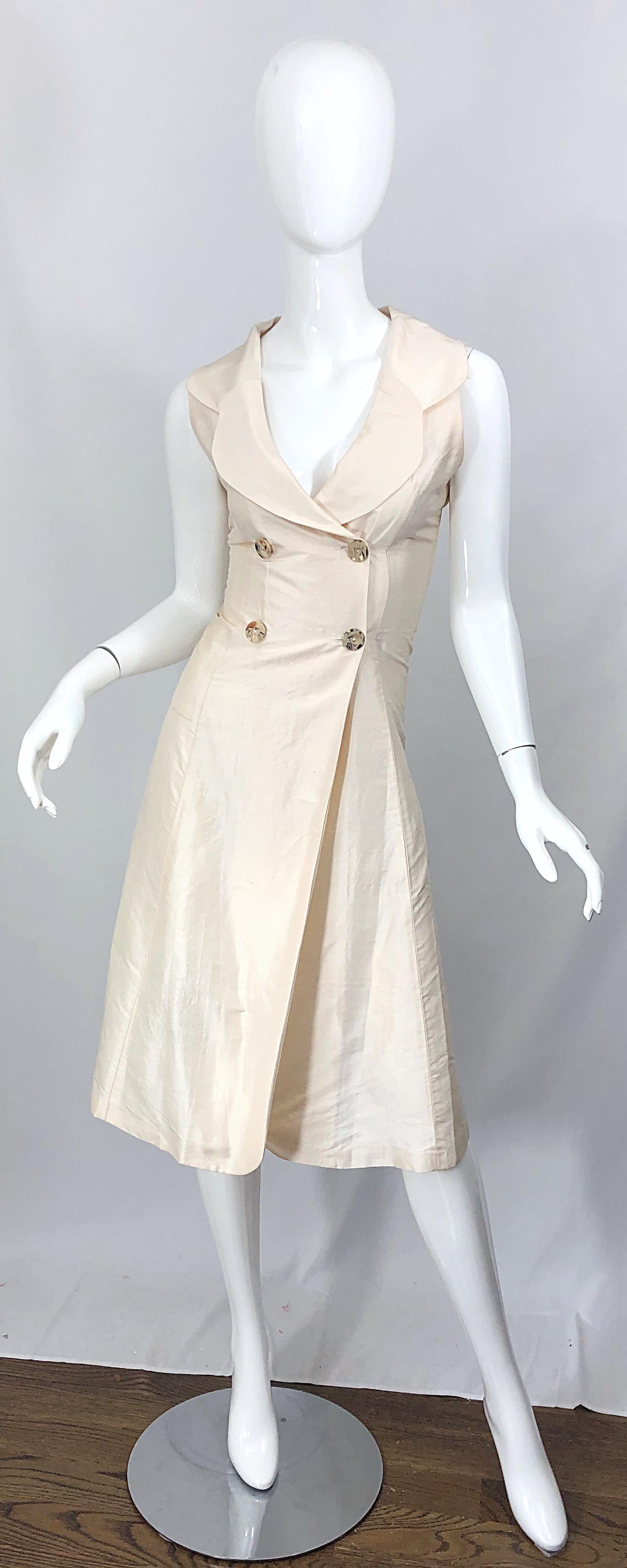 1990s Orna Farho Ivory Open Back Silk Shantung Double Breasted Halter Dress For Sale 7