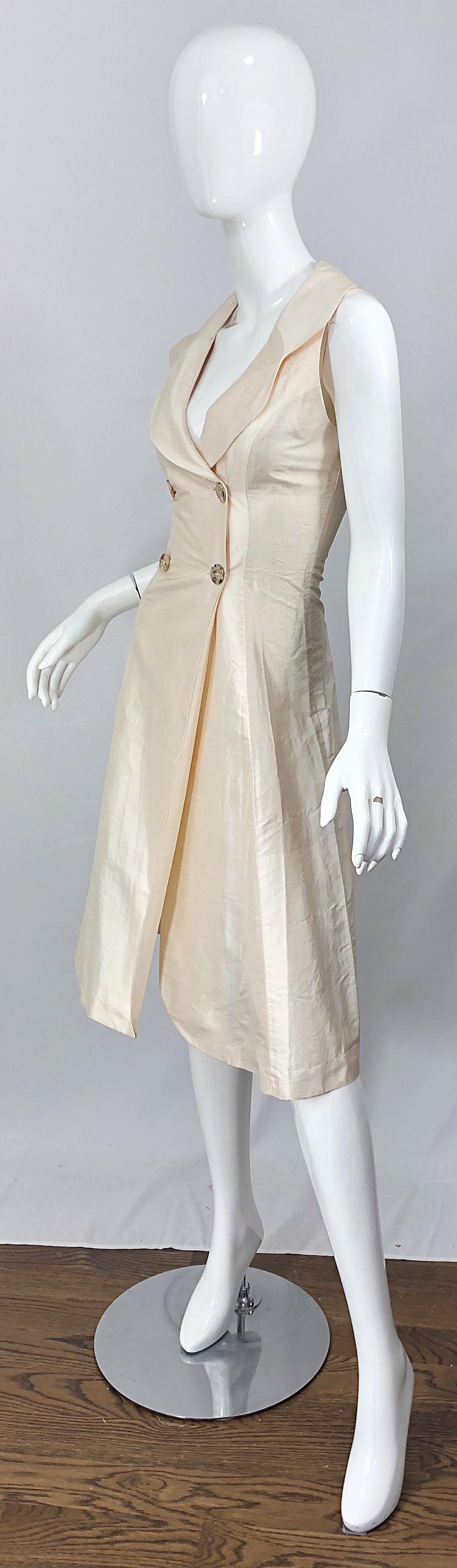 1990s Orna Farho Ivory Open Back Silk Shantung Double Breasted Halter Dress In Excellent Condition For Sale In San Diego, CA