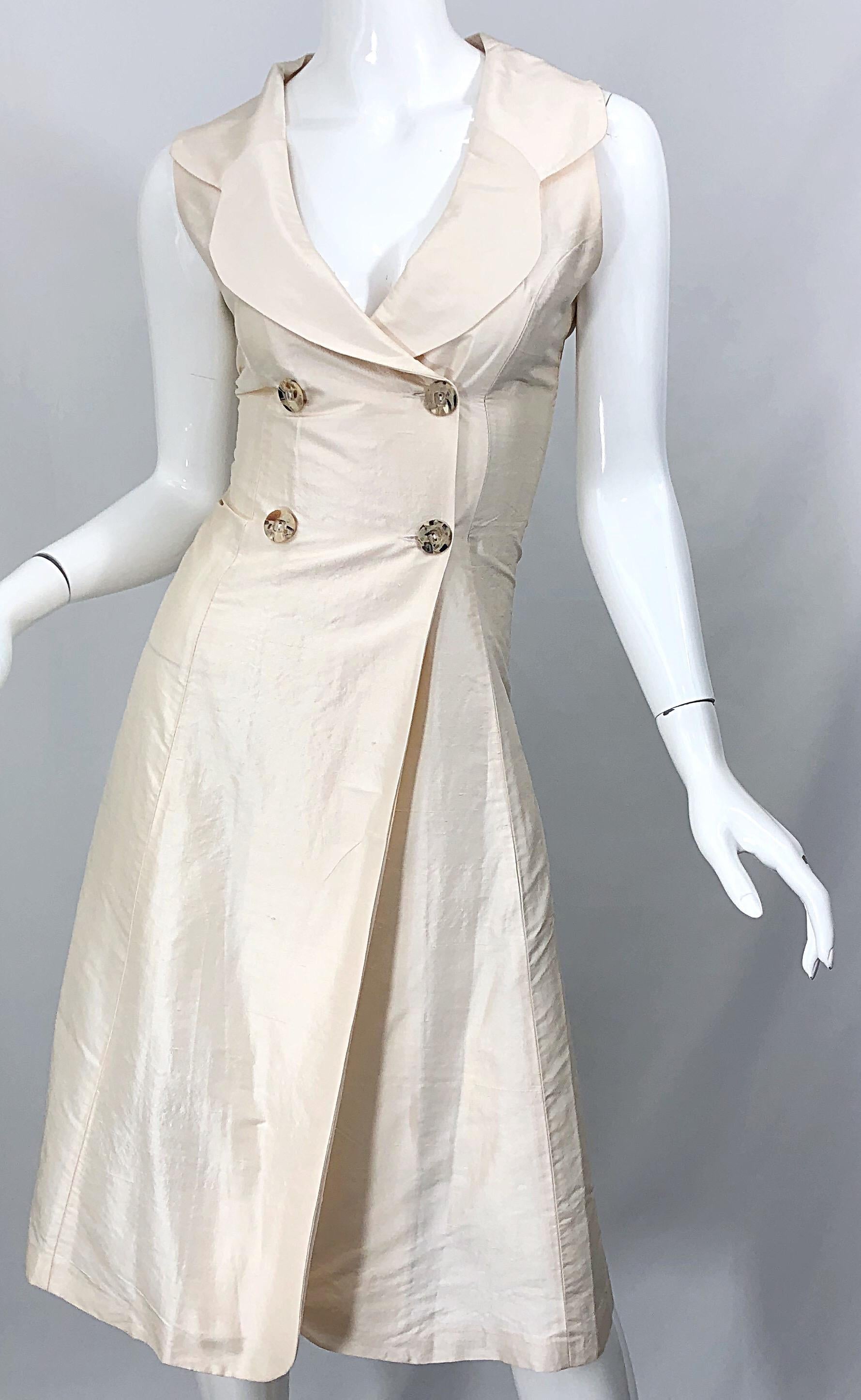 1990s Orna Farho Ivory Open Back Silk Shantung Double Breasted Halter Dress For Sale 2