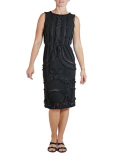 2000S OSCAR DE LA RENTA Black Silk & Wool Challis Beaded Lace Cocktail Dress