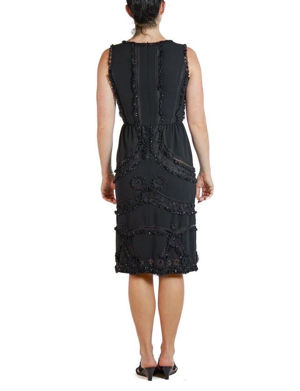 2000S OSCAR DE LA RENTA Black Silk & Wool Challis Beaded Lace Cocktail Dress For Sale 1