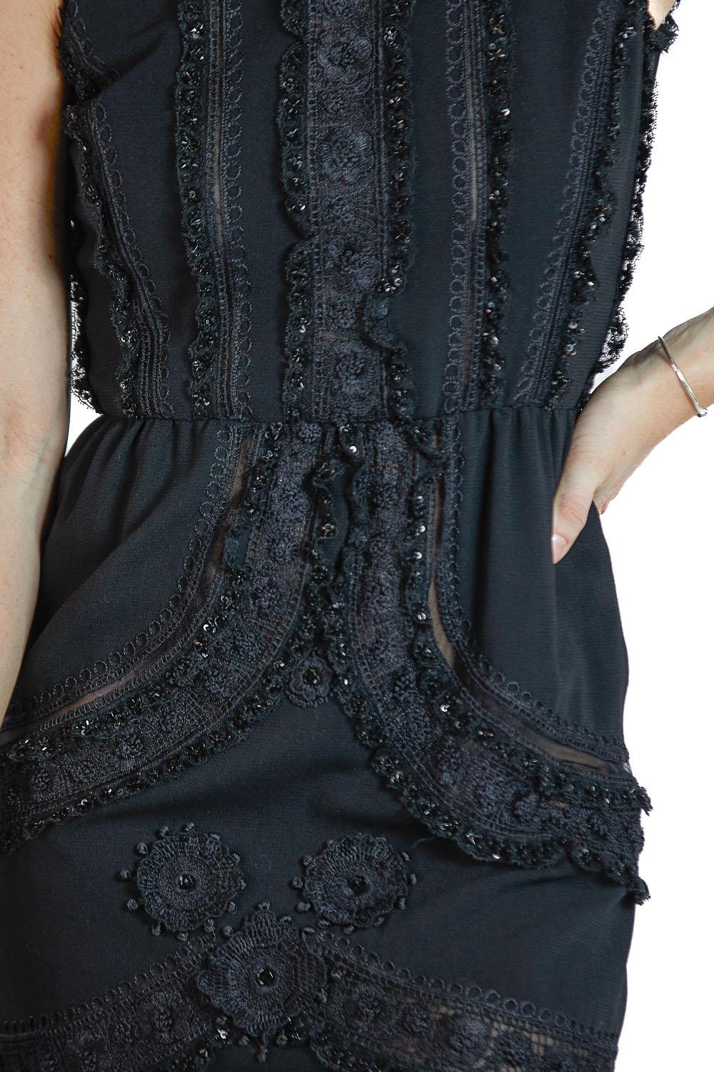2000S OSCAR DE LA RENTA Black Silk & Wool Challis Beaded Lace Cocktail Dress For Sale 4