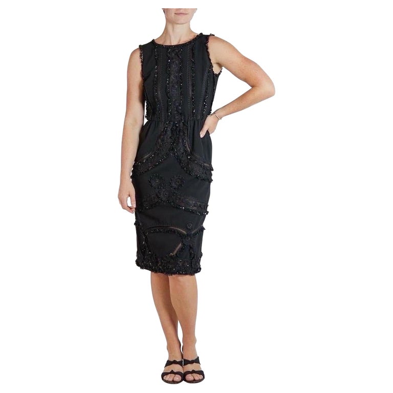 2000S OSCAR DE LA RENTA Black Silk and Wool Challis Beaded Lace Cocktail Dress For Sale at 1stDibs